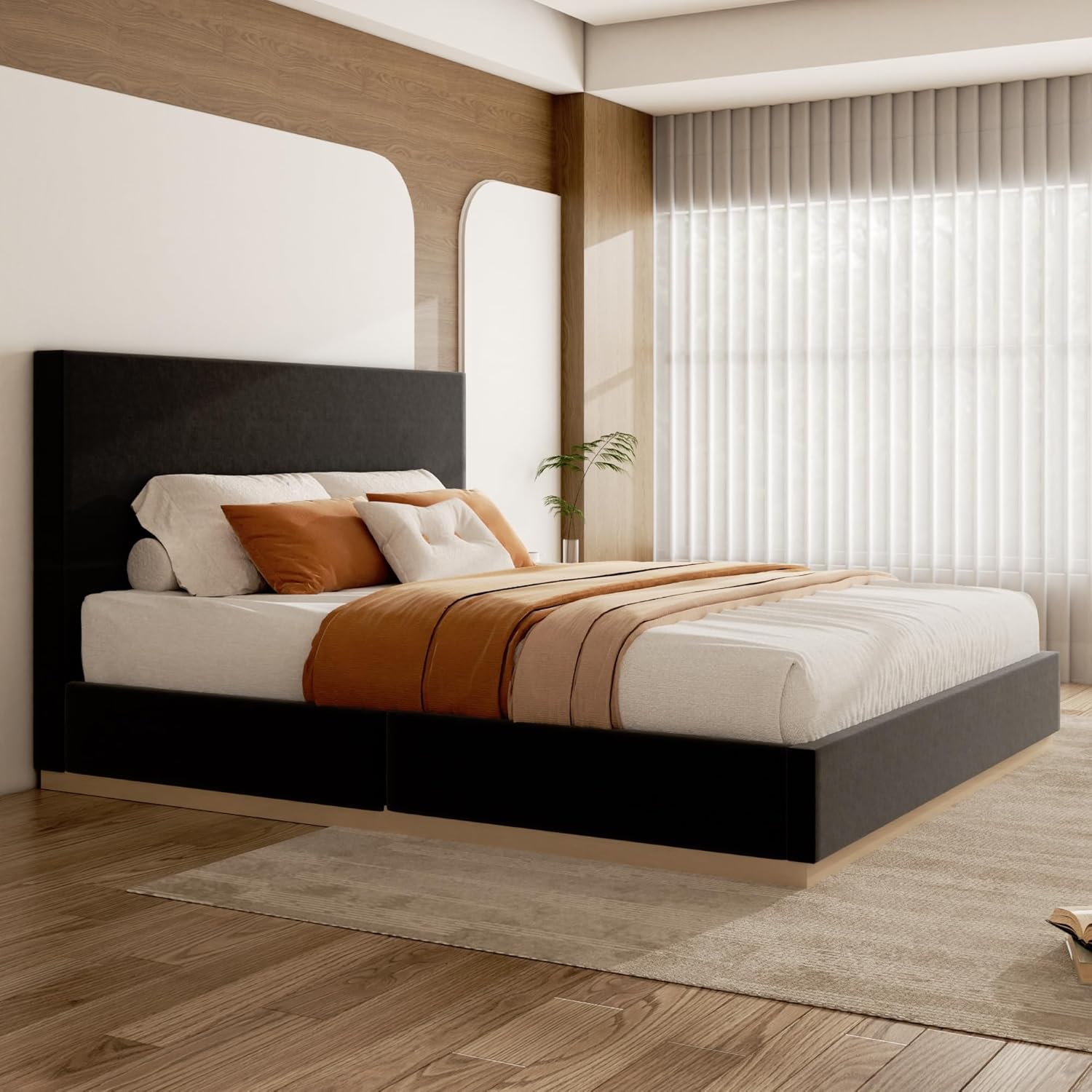 Queen Size Platform Bed Frame with Headboard, Velvet Grounded Bed with Wood Slats, Heavy Duty Mattress Foundation, Box Spring Option, Noise-Free, Easy Assembly, Black