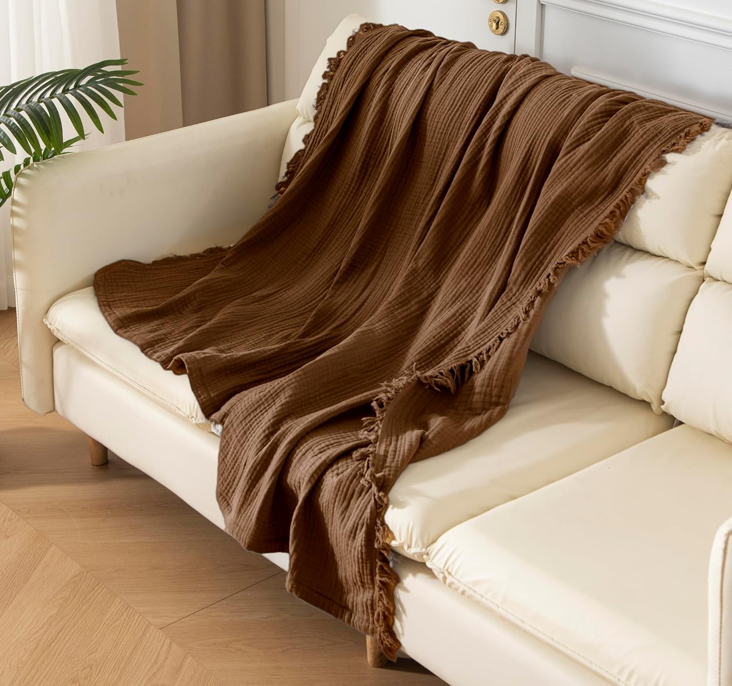 KyraHome 100% Organic Cotton 90″x90″ Queen Size Muslin Cotton Blanket for Adult, Women, Kid, Couch, Pre-Washed Plant Dyed, Breathable Lightweight Gauze Blanket for Summer, All Season, (Mocha Brown)
