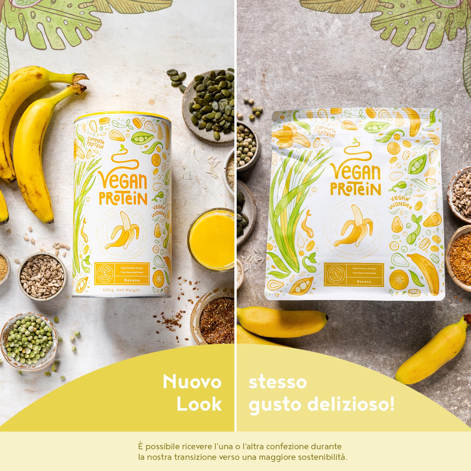 Proteine in Polvere Vegane | Gusto Banana | 23g Proteine Vegetali Isolate di Pisello, Riso, Girasole e Soia | Massa Muscolare | 600g Vegan Protein Powder | Alpha Foods