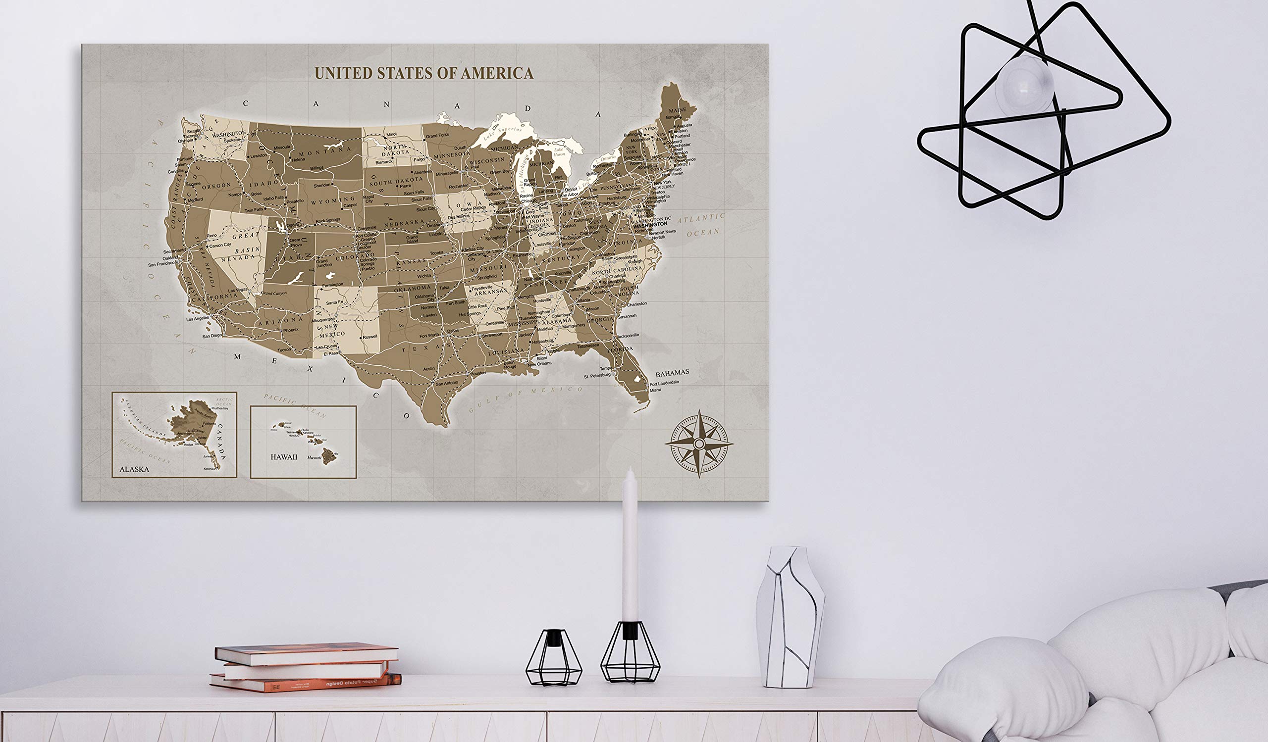 artgeist Acoustic Canvas Wall Art Print Map of The United States 35x24 in - 1pcs Picture with Acoustic Foam Sound Print Artwork Room Acoustics Soundproofing Grey k-C-0113-b-a