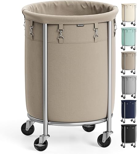 SONGMICS Cesta de lavandería con ruedas, cesta de lavandería rodante, 45 Gal., Carrito de lavandería redondo con marco de acero y bolsa extraíble, 4