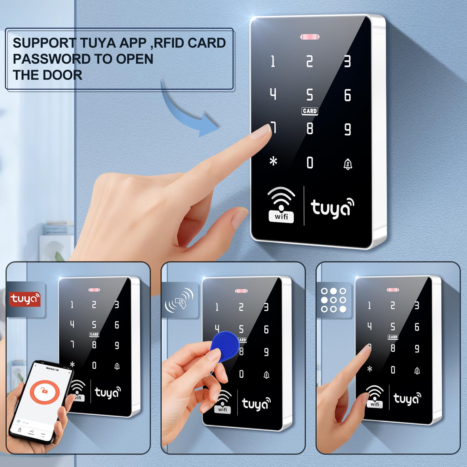 Panel de control de acceso WiFi S10 Tuya plateado + 10 tarjetas de acceso IC azules, IP68 impermeable, control de acceso completo de nivel básico y kit de seguridad.