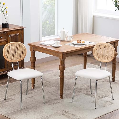 Miniatura 6 de DUHOME Juego de 2 sillas de comedor para interiores con respaldo de ratán, sillas de asiento redondas tapizadas industriales modernas de mediados de