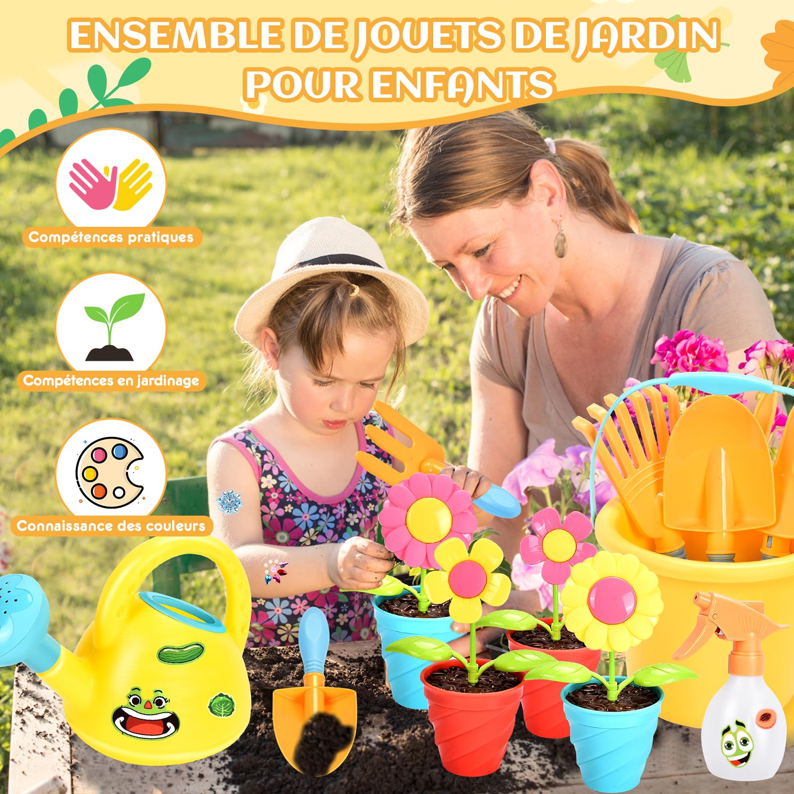 Aragallant Kit Jardinage Enfant, 28 Pièces Outillage de Jardin pour Enfants avec Pelle Arrosoir Rateau Pots de Plantes Seau Plage Set Jardinage Enfant, Jouet Exterieur Outils Jardinage Enfant 3 Ans+