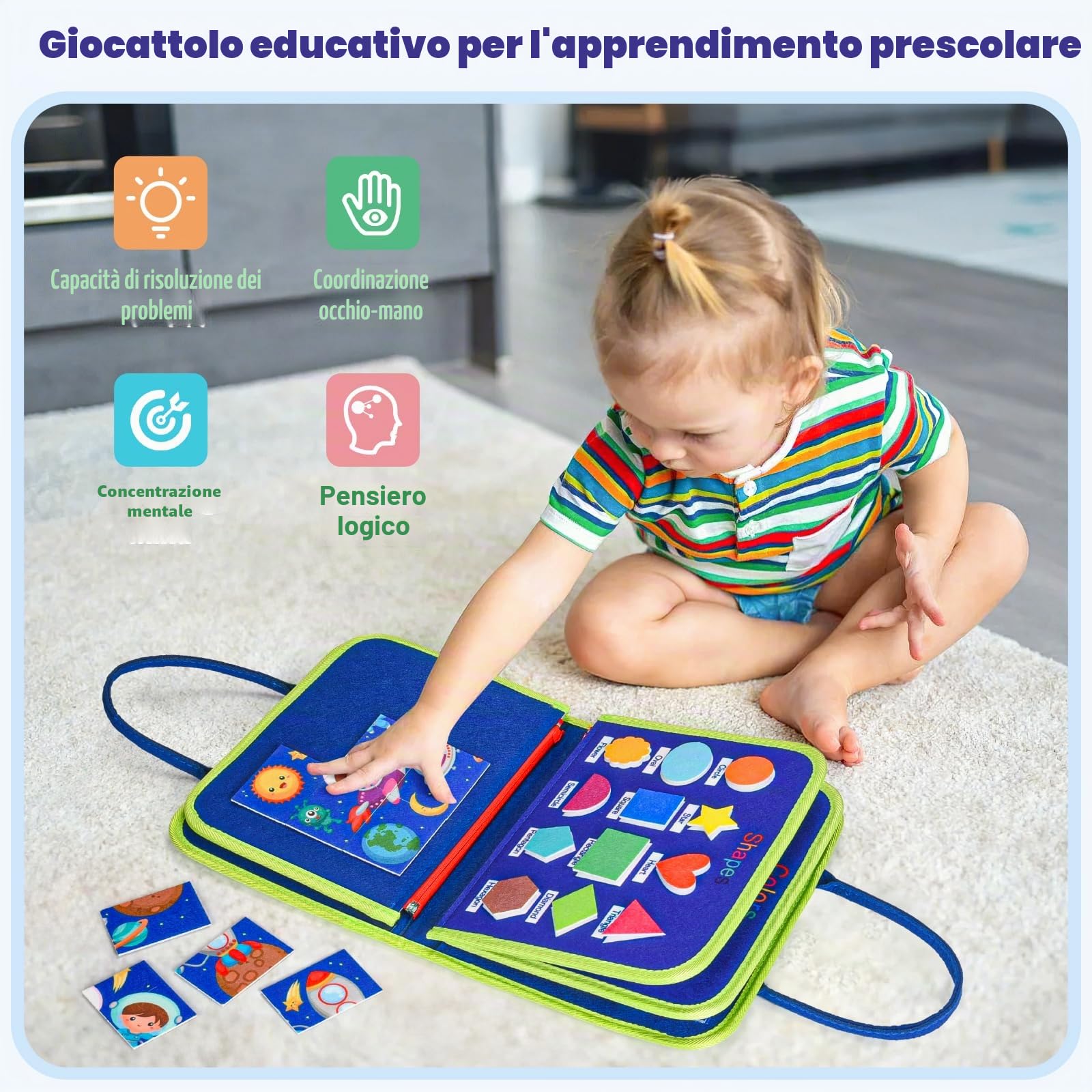 Asten Busy Board Giocattoli Montessori, Libri Busy per Bambini Piccoli, Tavola Sensoriale Libro di Attività Educative Silenziose per Bambini Piccoli, Giocattoli da Viaggio per Bambini per Aereo Auto
