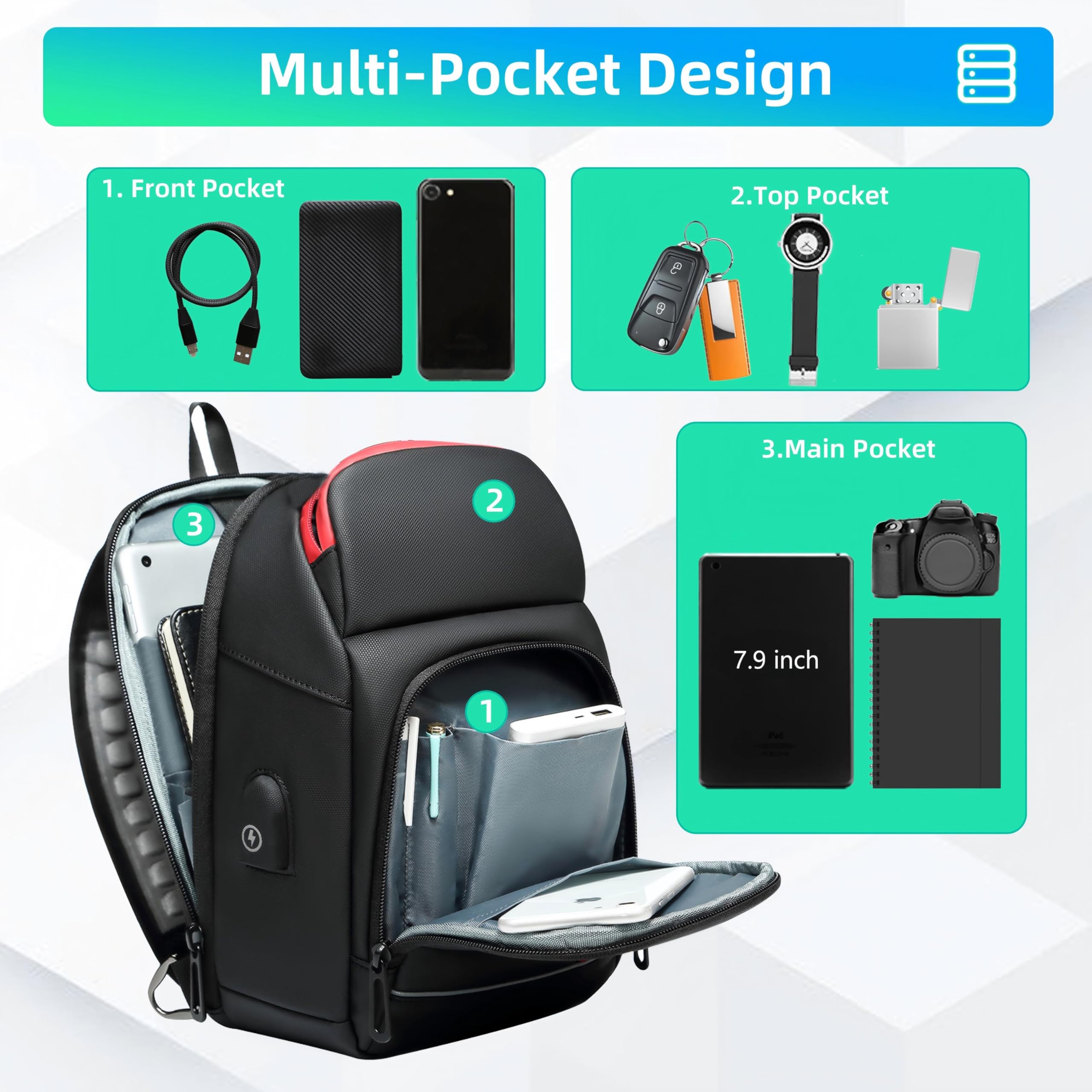 Zaino Monospalla Uomo Grande Marsupio Tracolla Impermeabile con Porta di Ricarica USB per Casual Ciclismo Trekking Viaggio Lavoro Sport-Nero