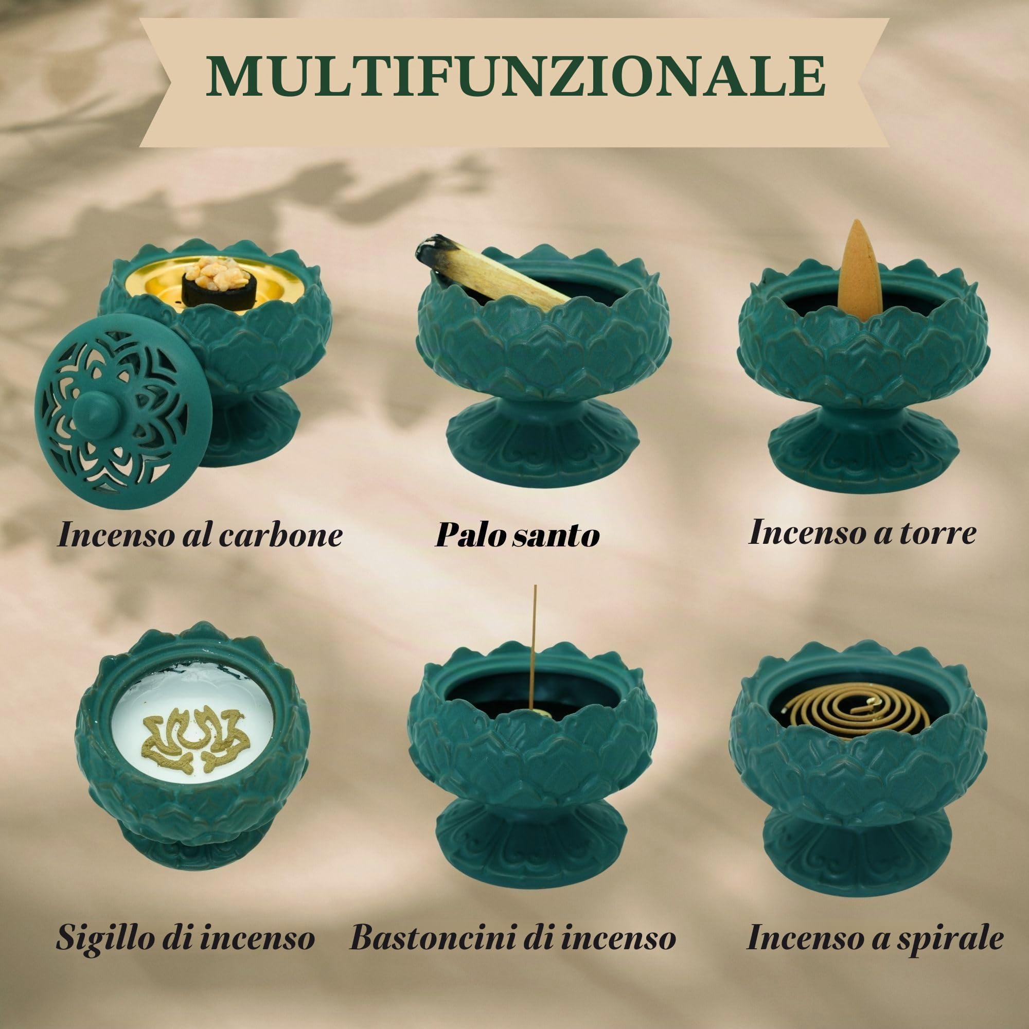 Bruciatore di incenso in ceramica per incenso di franchincenso, bakhoor, carbone, bastoncini, polvere, cono, bobina e incenso a torre - Accessori per meditazione e aromaterapia con pinzette