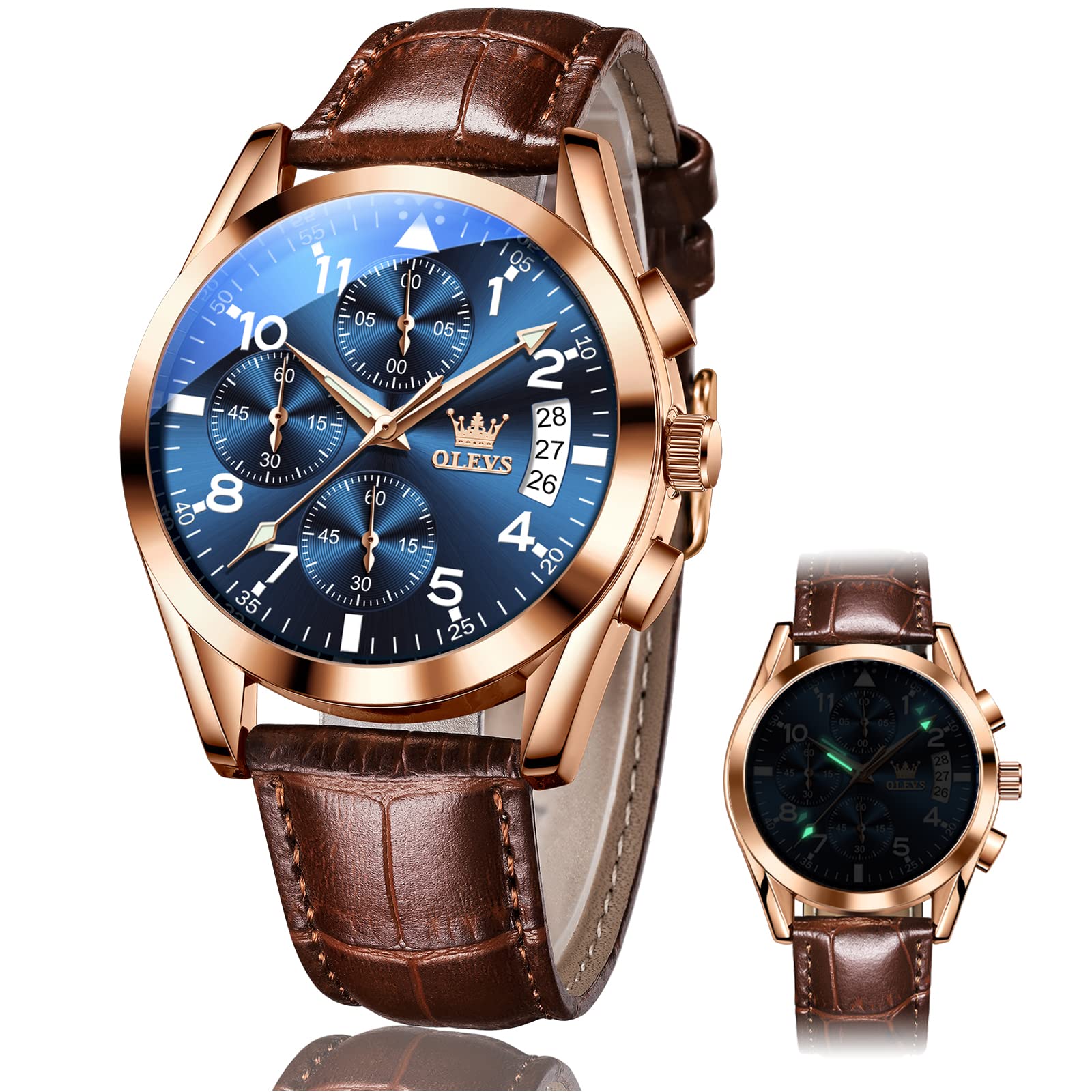 Olevsmens Chronograph Quartz Watches Leather Strap Gold Case With