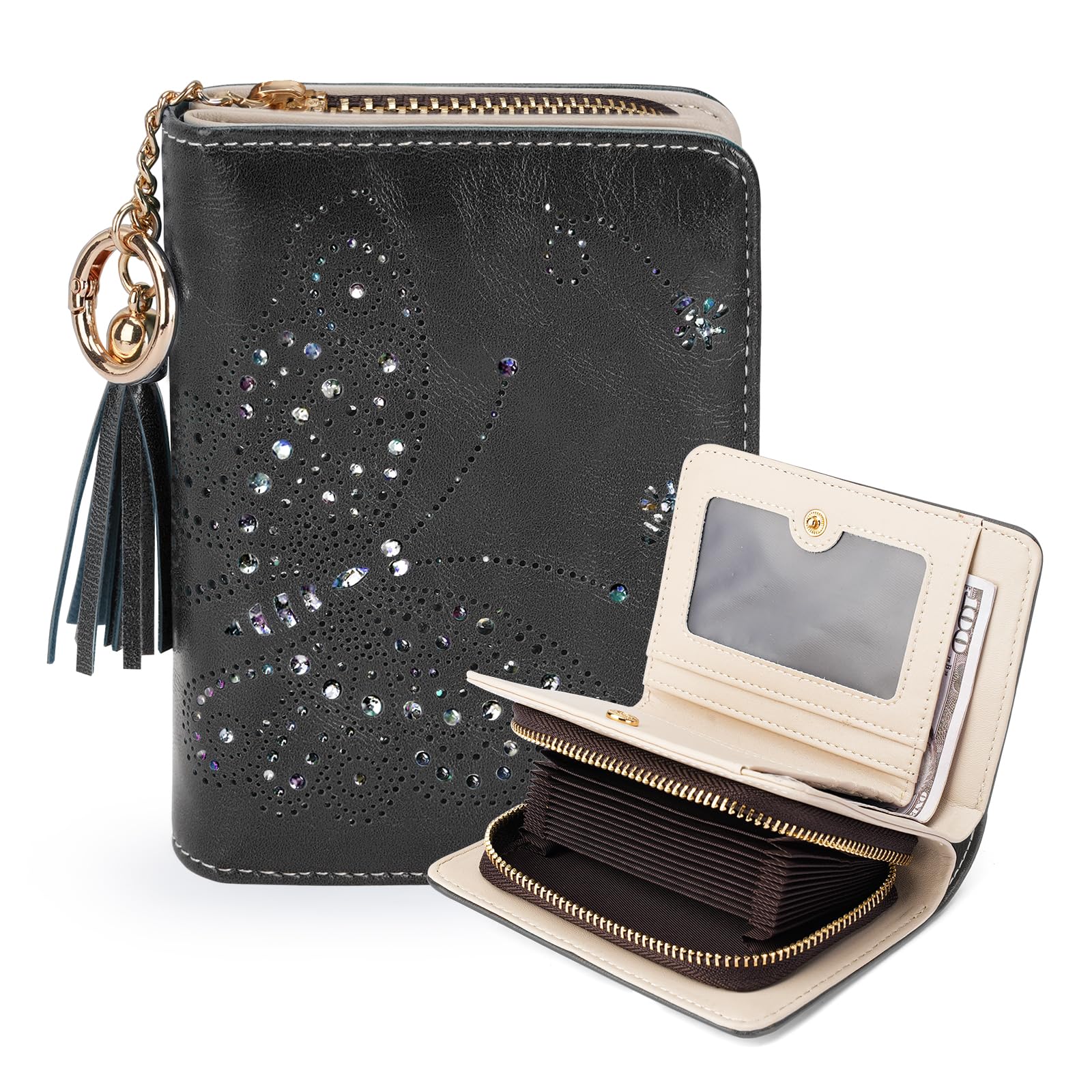 KITEVIUN Women RFID Blocking Small Bifold Wallet, Compact Cash Clutch with Zipper Coin Pocket, Glittery Butterfly Design, Credit Card Holder, Travel