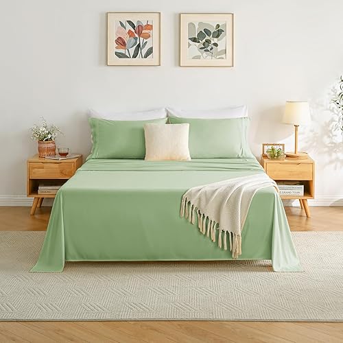 Miniatura 3 de Yibeizi Juego de sábanas tamaño Queen color verde salvia, estilo hotel de lujo, juego de sábanas bajeras de bolsillo extra profundo, sábanas y