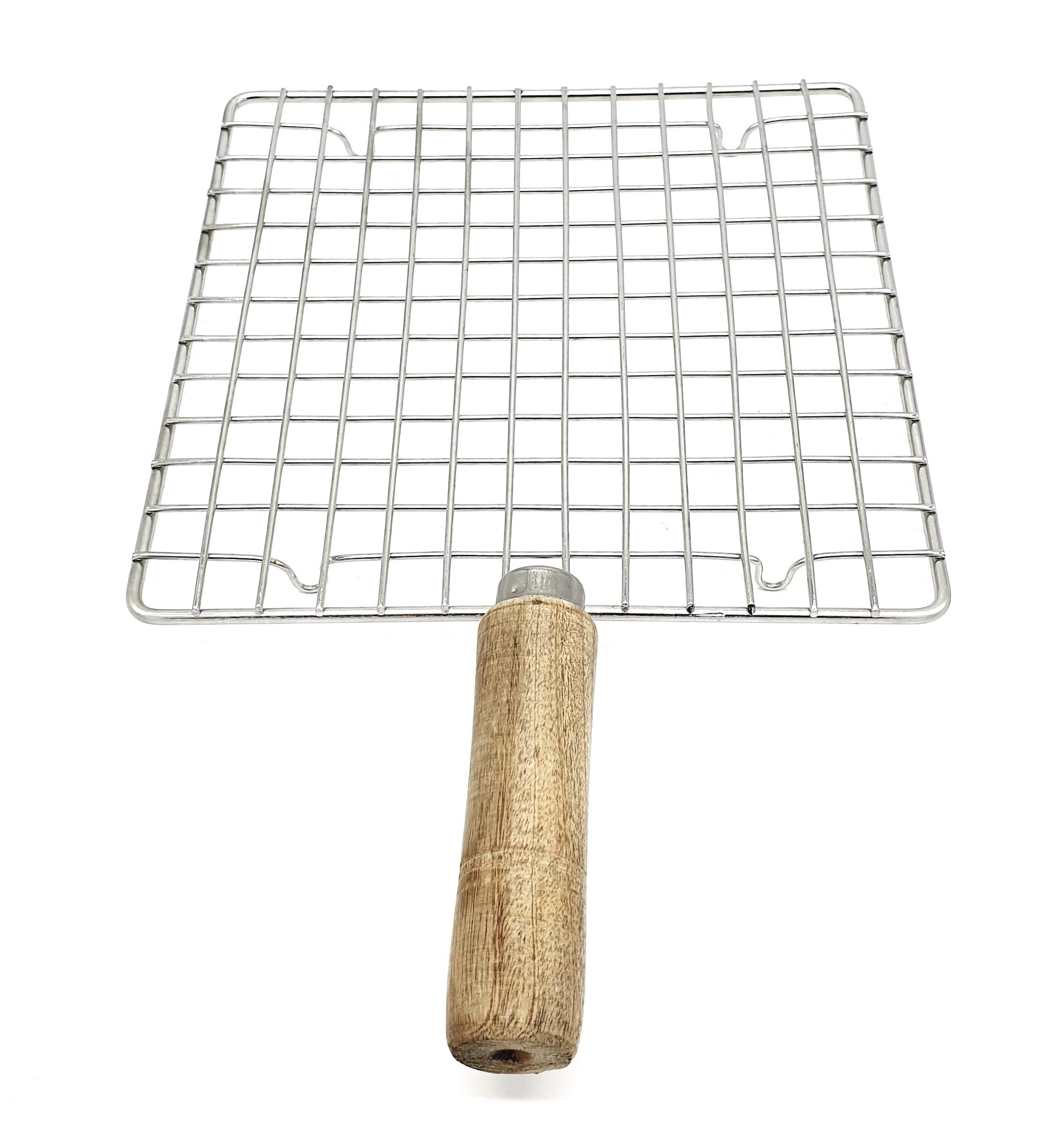 Epraiser Premium Stainless Steel Food Grade Wooden Handle Square Roaster Papad Jali Grill Tandoor for Papad Barbeque Roast Baingan Bharta Pizza Roti Toast Etc-image-17