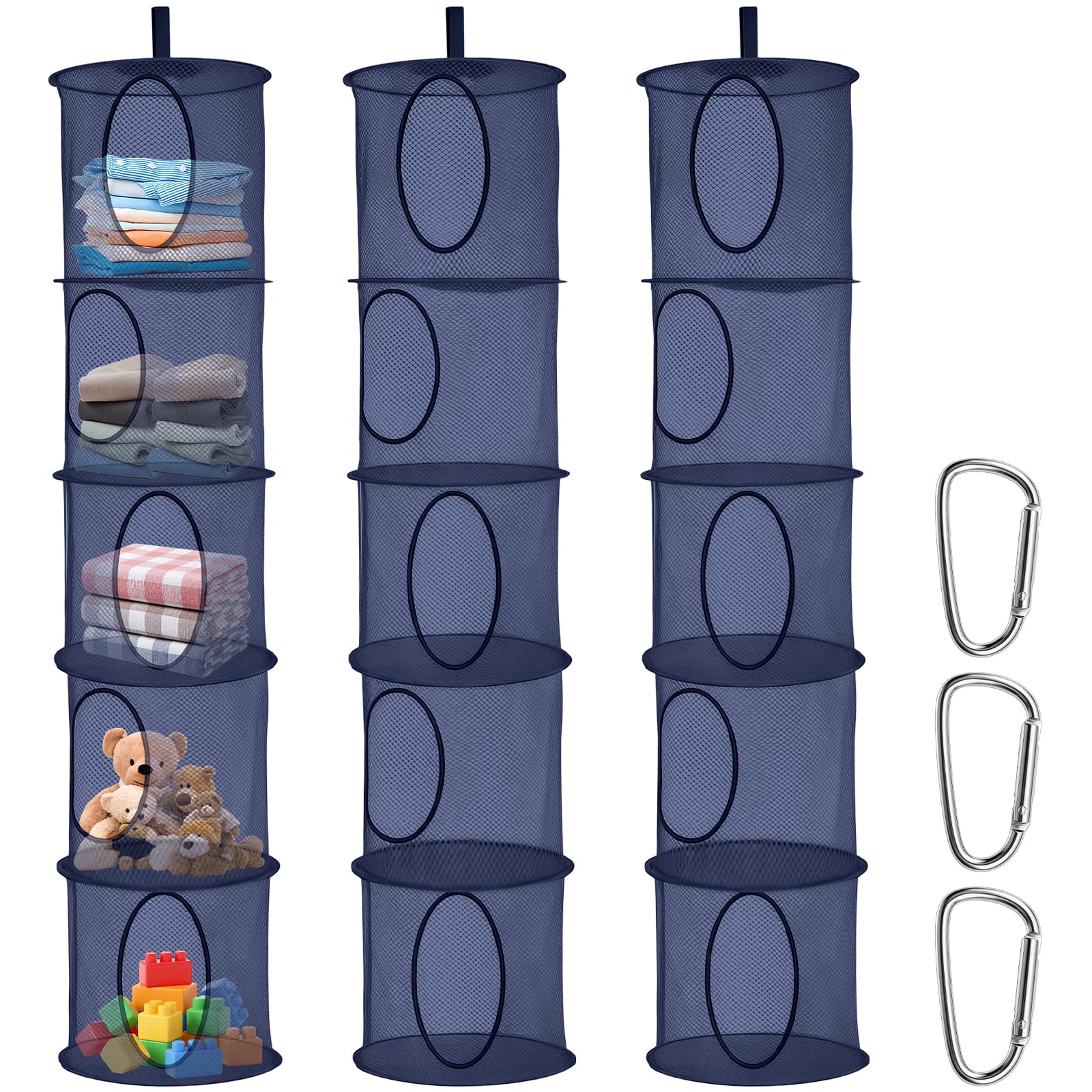 lafo 3 Pack 5-Tier Hanging Storage Organizer,Mesh Toy Storage Net for Teddy Bears,Soft Toys,Stuffed Animals,Cuddly Toys Baby Nursery Foldable Closet Hanging Storage with 3 D-Shaped Hooks（Navy blue）