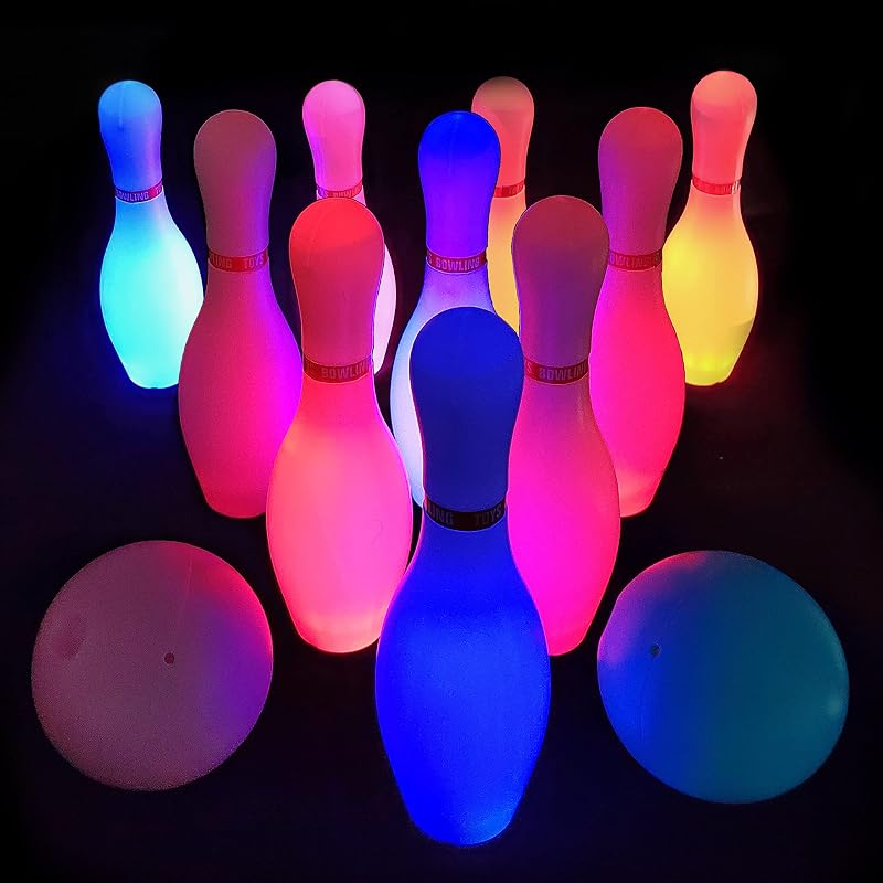OceanWings Juego de juguetes con bolas de bolos iluminadas para niños, juego de bolos con 10 bolos y 2 bolas, divertidos juegos deportivos para nietos, niños pequeños, interiores y exteriores, niños, niñas, niños de 3, 4, 5, 6 años