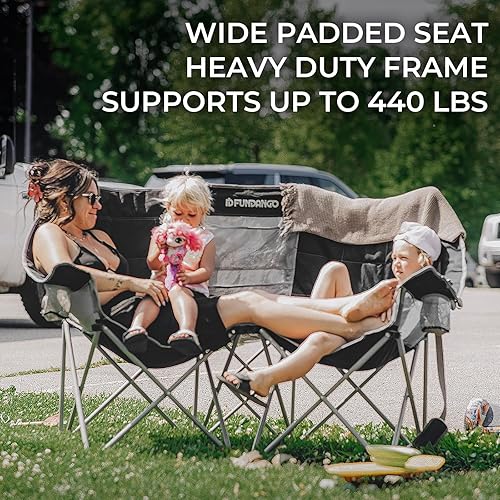 Miniatura 5 de FUNDANGO Silla de campamento doble de gran tamaño, 660 libras, resistente para 2 personas, plegable y acolchada para adultos con soporte para taza