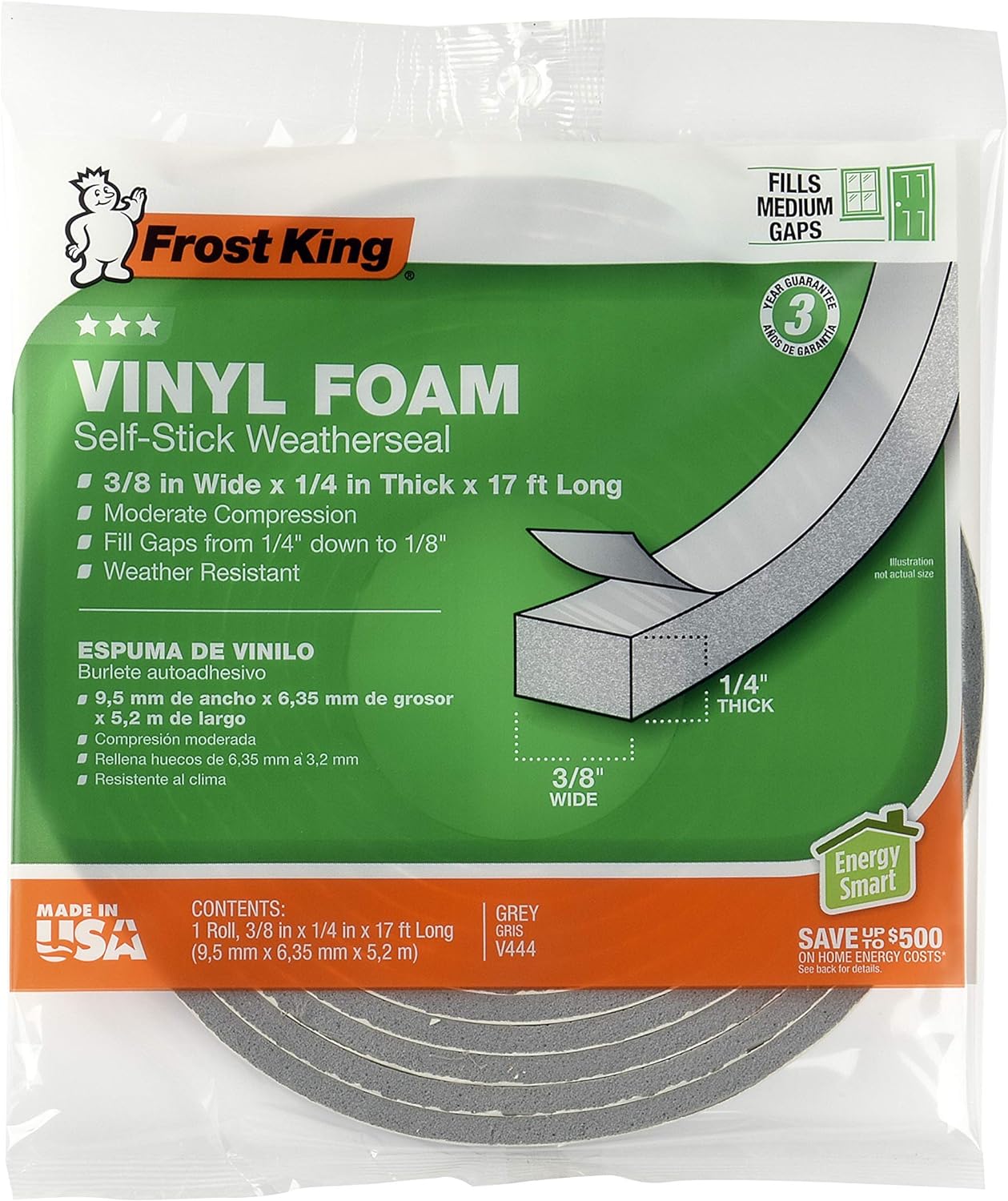 Frost King V734H Vinyl Foam Tape 3/4" x 1/2" x 10ft Closed Cell Grey - Waterproof Self-Stick Weatherstrip for Windows Doors