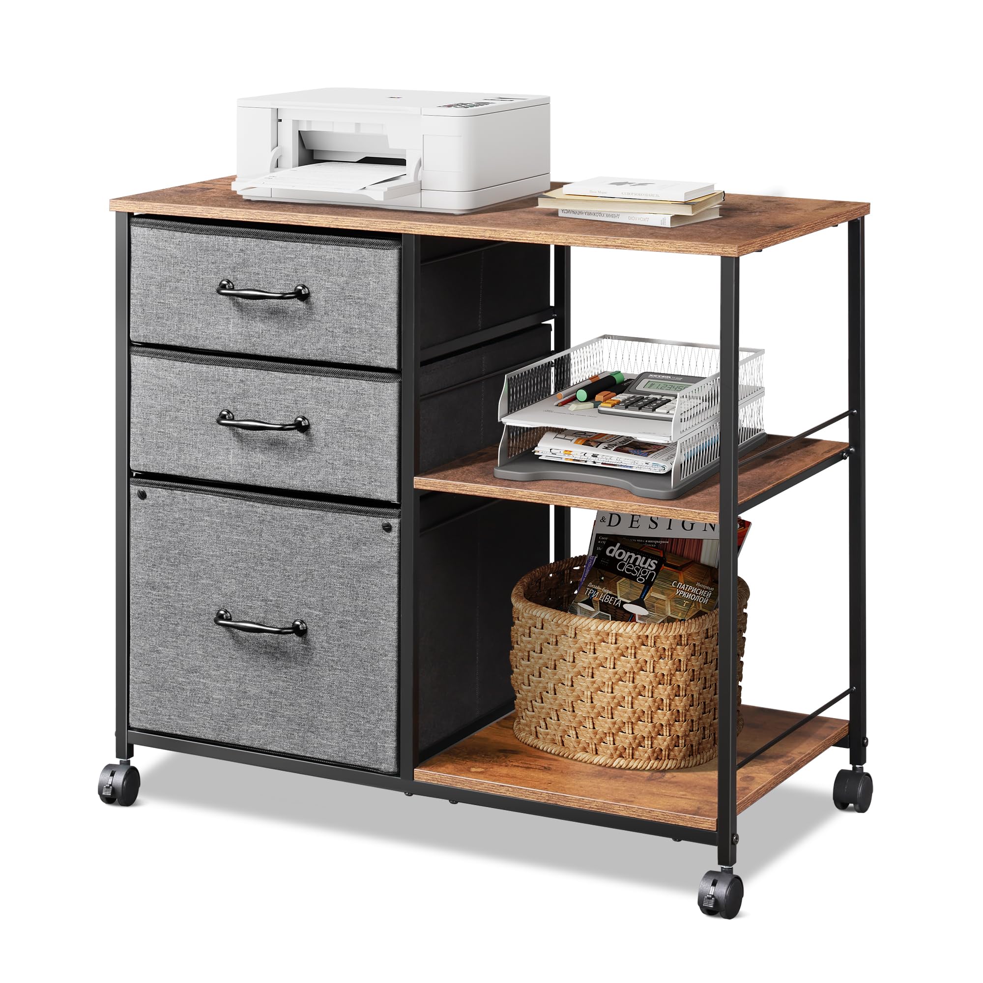DEVAISE Caisson de Bureau Mobile 3 Tiroirs - Meuble Imprimante avec Étagère Ouverte pour A4/Letter - Gris