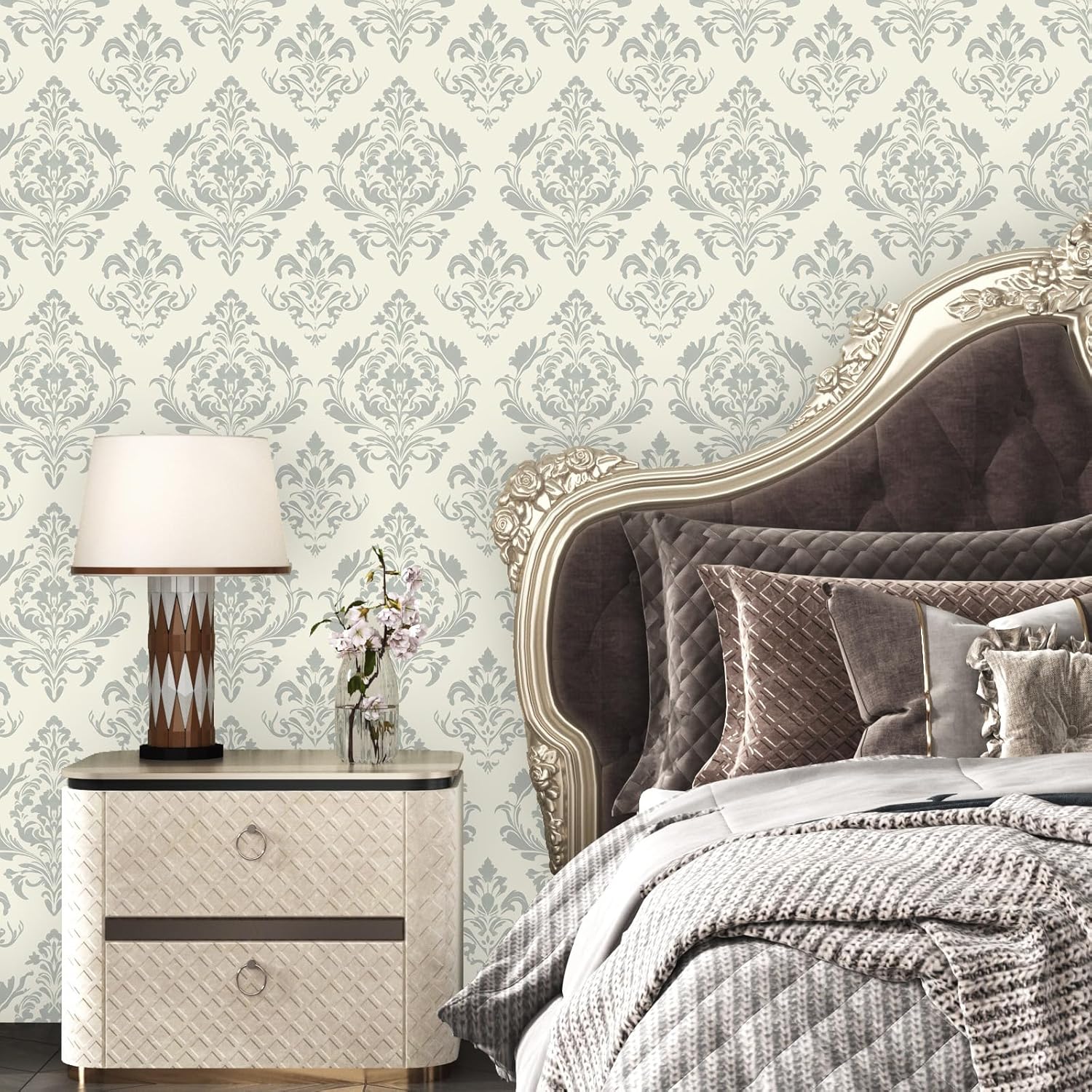 Laatse Vintage Beige Floral Wallpaper Peel and Stick Symmetrical Cantact Paper Waterproof Self Adhesive Removable Damask Leaf Wall Paper for Bedroom Walls Drawer Cabinet 17.5in x118in