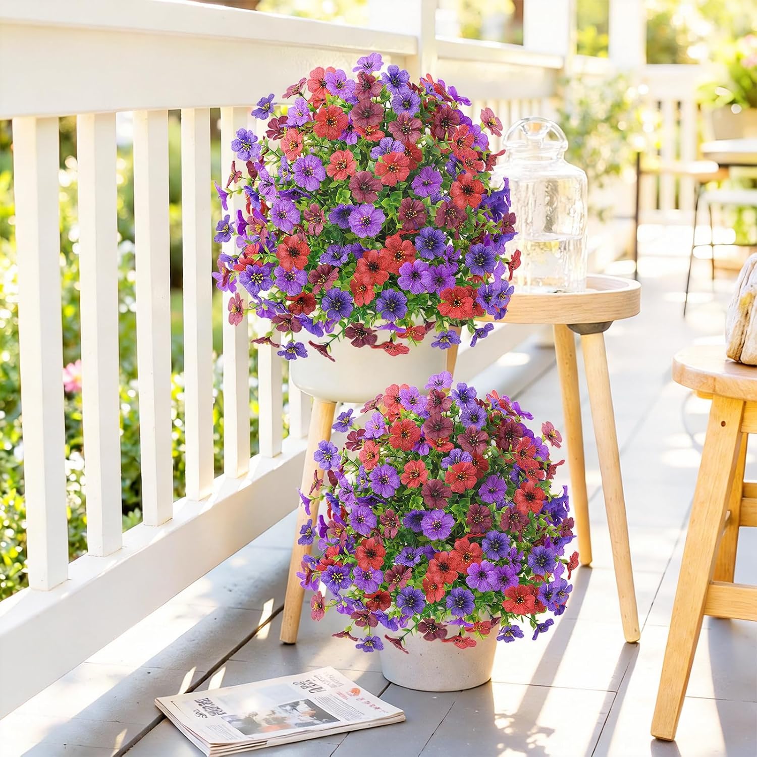 Alupssuc 2Pcs 20" Artificial Topiary Ball Flowers, Spring Outdoor Decoration with Spike, UV Resistant Faux Summer Plants, Faux Bushes Plants, Red Brown Purple Deep Purple for Garden, Porch Decor