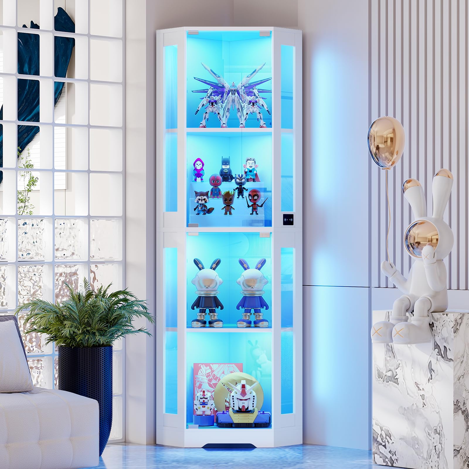 BROTTAR Corner Glass Display Cabinets with Lights, Corner Bookshelf Unit with Human Sensor, Kitchen Cupboard Storage with Magnetic Lock for Study, Office, Living Room, Bedroom, Kitchen, White โ image 1