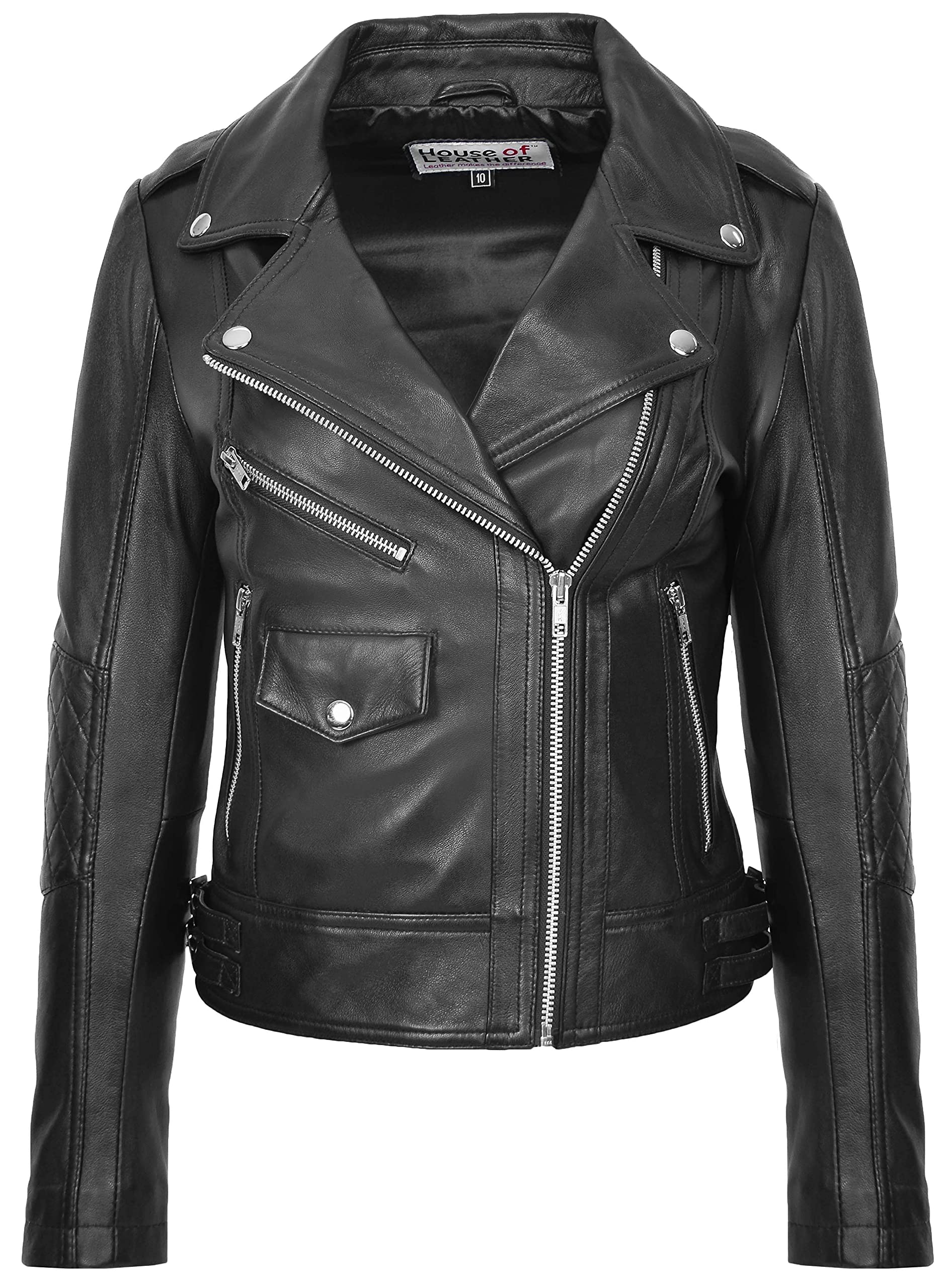 House Of Leather Women's Black Real Leather Biker Cross Zip Fashion Jacket Slim Fit Style Remi (10, )
