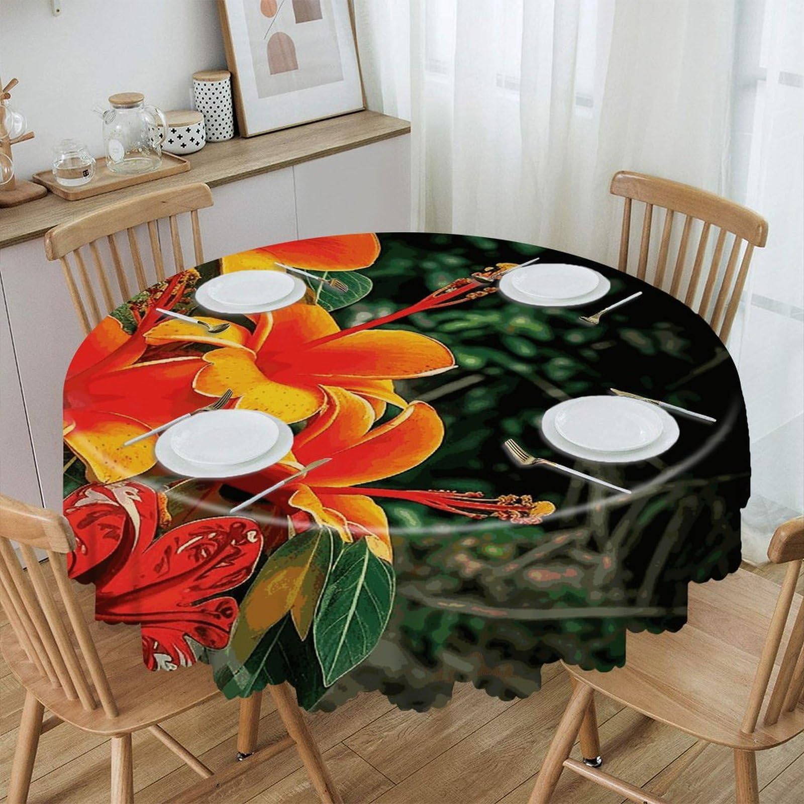 Btcowzrv Style Hawaii Flowers Polyester Round Tablecloth 59.84 Inch, Decorative Washable Table Cover, Table Cloth For Restaurant Picnic Indoor And Outdoor Dining