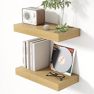 Heimlove 16 Inch Floating Shelves for Wall Oak Shelves Set of 2,Wall Mounted Rustic Wood 8 Inch Deep Floating Shelf with Invisible Brackets for Bedroom Kitchen Living Room