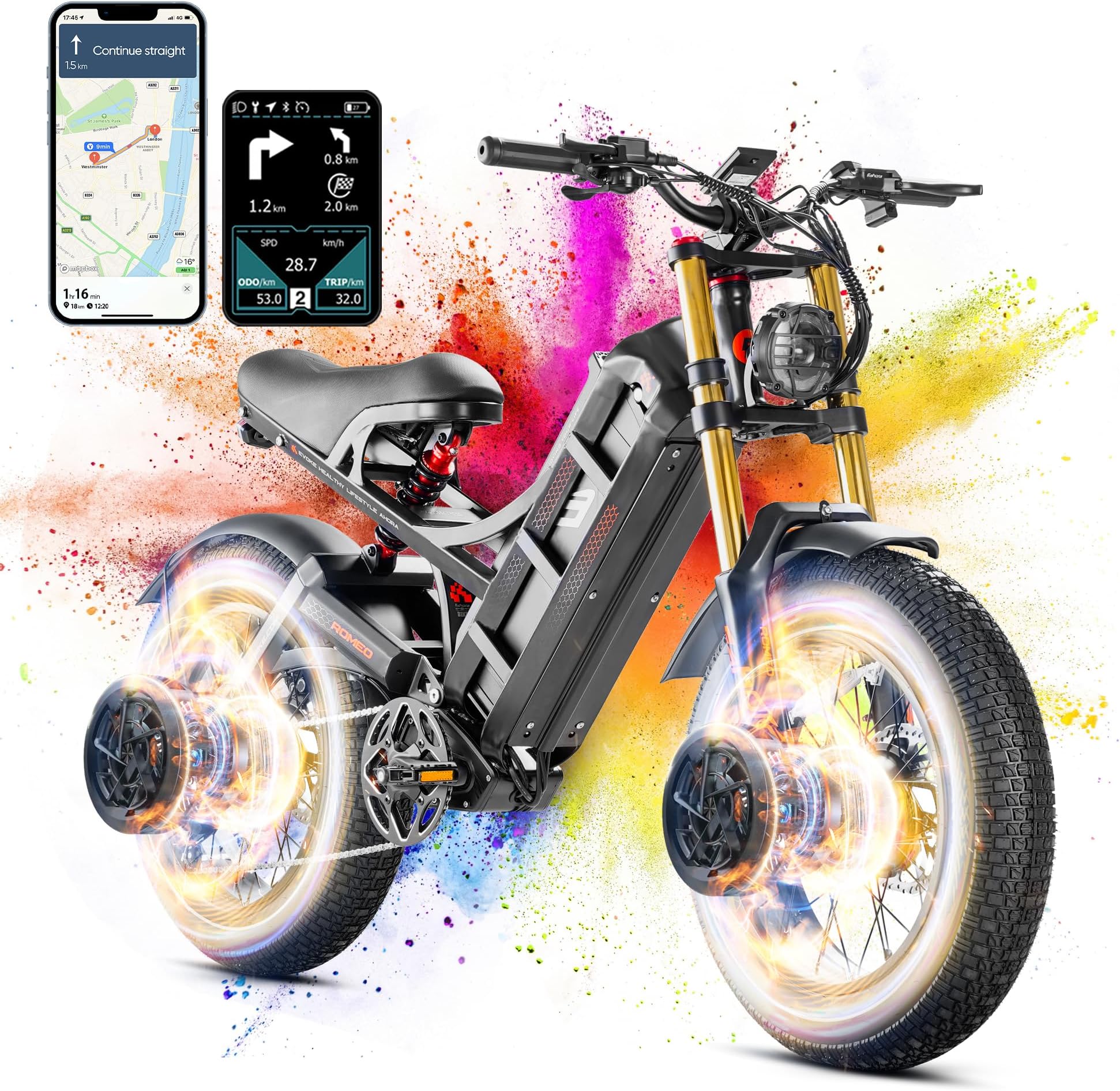 eAhora Romeo Pro II/Romeo Pro(2024 Newest)3000W/1200W Electirc Bike for Adults 52/48V 60Ah 120+ Miles Long Range Electric Bike, 26"*4.0 Fat Tire Electric Mountain Bike Full Suspension Electric Bicycle