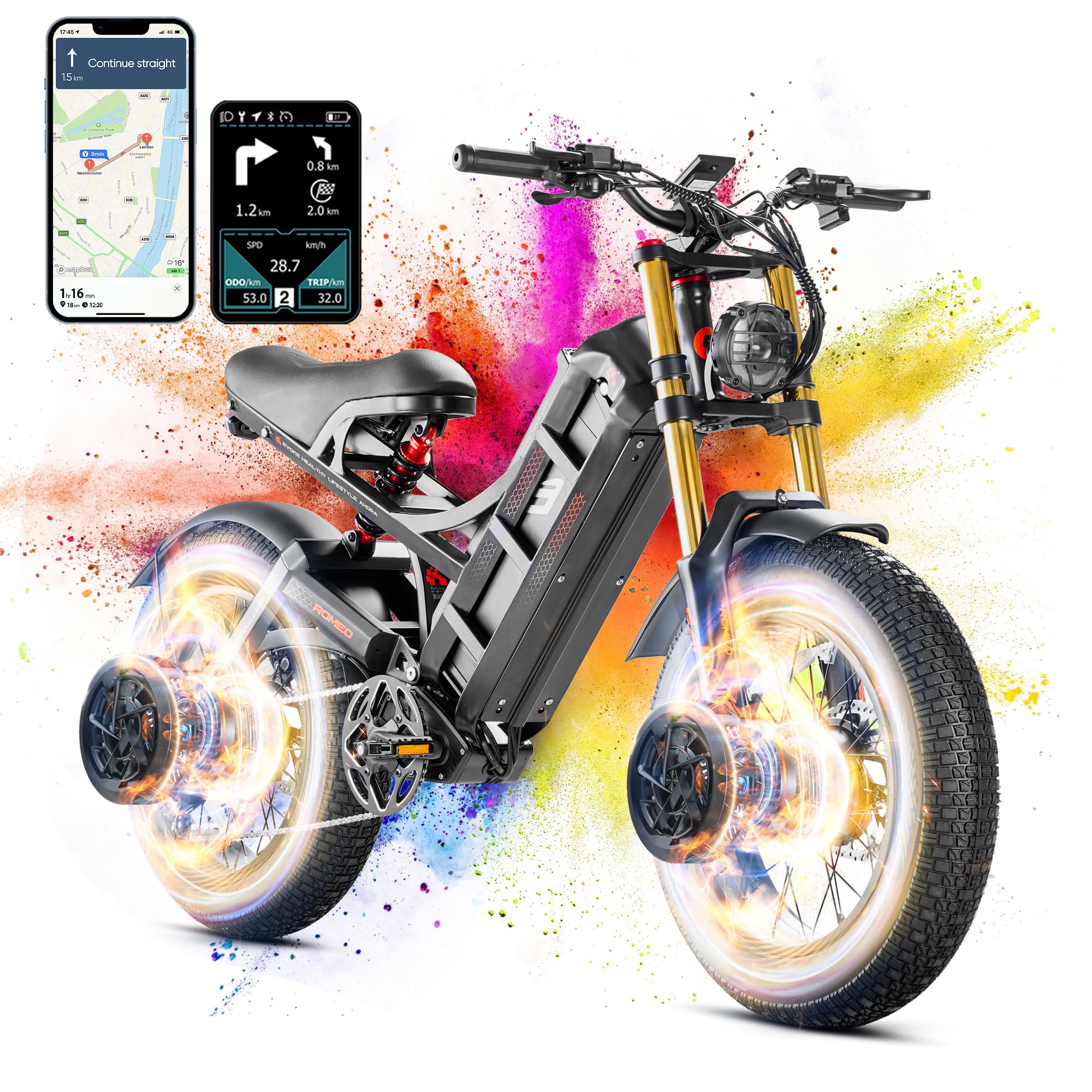 Romeo Pro II/Romeo Pro(2024 Newest)3000W/1200W Electirc Bike for Adults 52/48V 60Ah 120+ Miles Long Range Electric Bike, 26"*4.0 Fat Tire Electric Mountain Bike Full Suspension Electric Bicycle