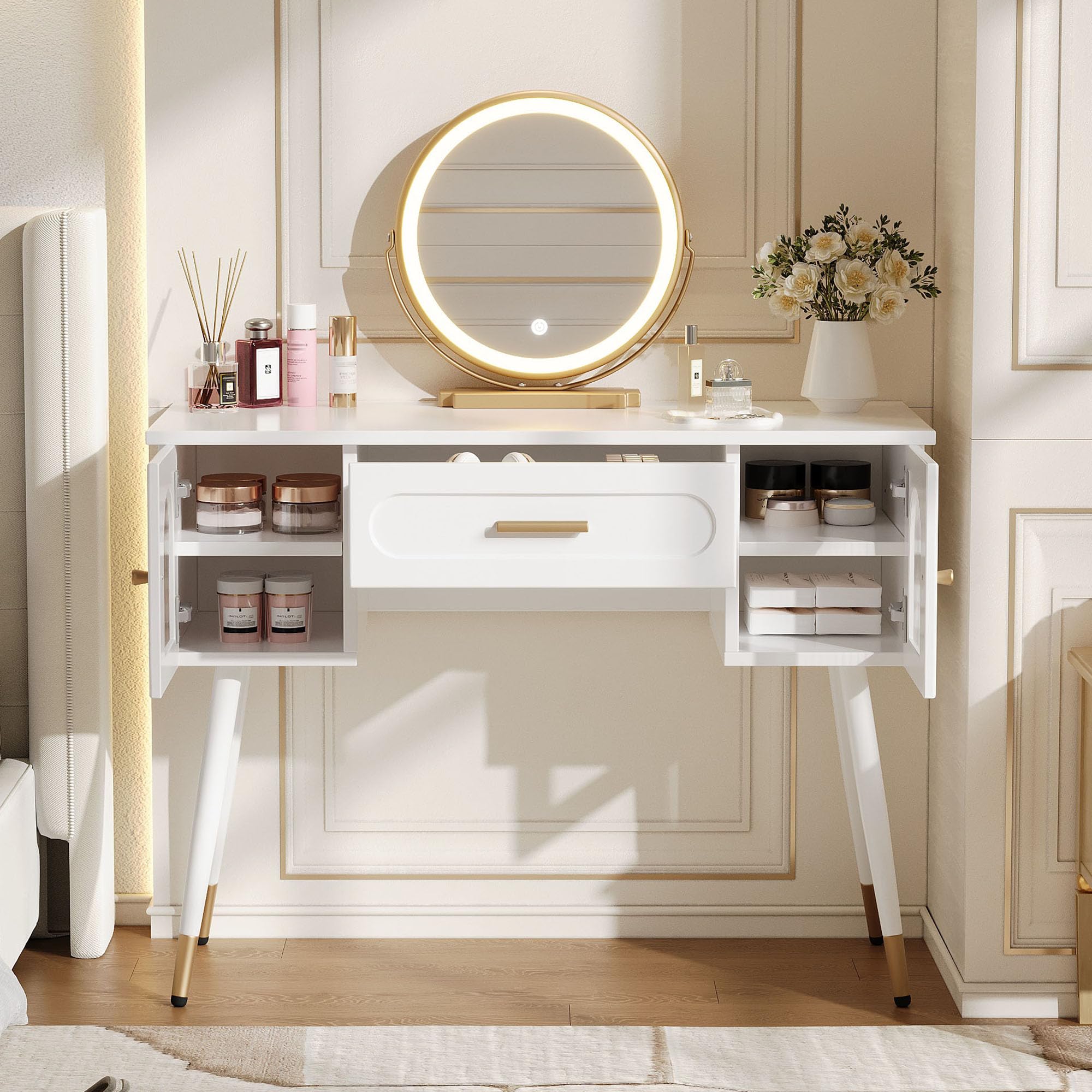 Tavolo da toeletta con specchio LED, 1 cassetto, 2 ante in vetro
