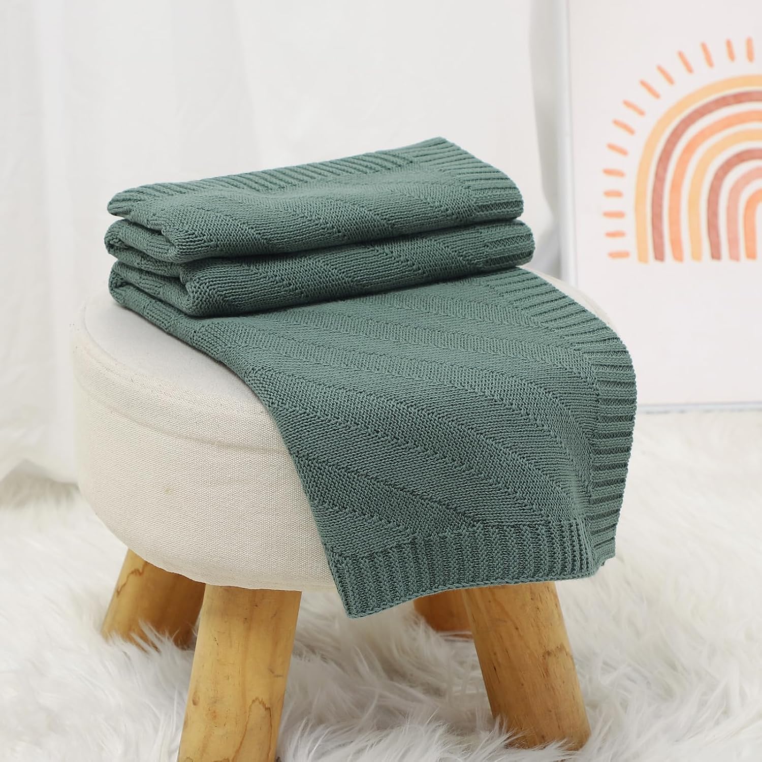 Avibae Cotton Knitted Baby Throw Blanket, Solid Color Swaddling Receiving Blanket for Newborn Boys and Girls 27×35 inches (Dark Green)