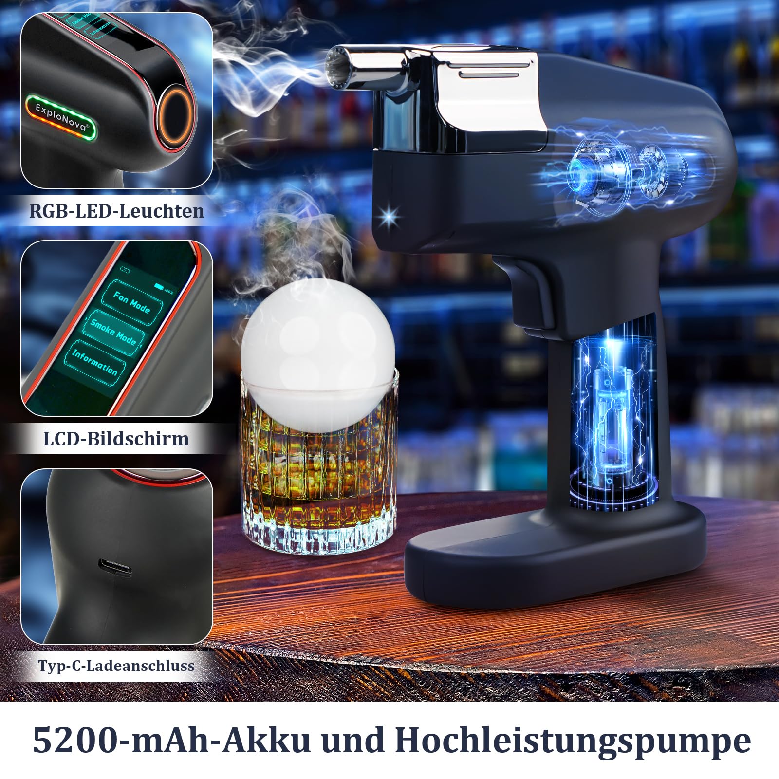 cocktailmaschine mit 5 Aroma Pods, essbarer Blase, Cocktail Bubble Smoke Gun, Whiskey Smoker Kit, perfekt für Bar, Party und Zuhause, ausgezeichnetes Geschenk für Vater und Ehemann – Schwarz