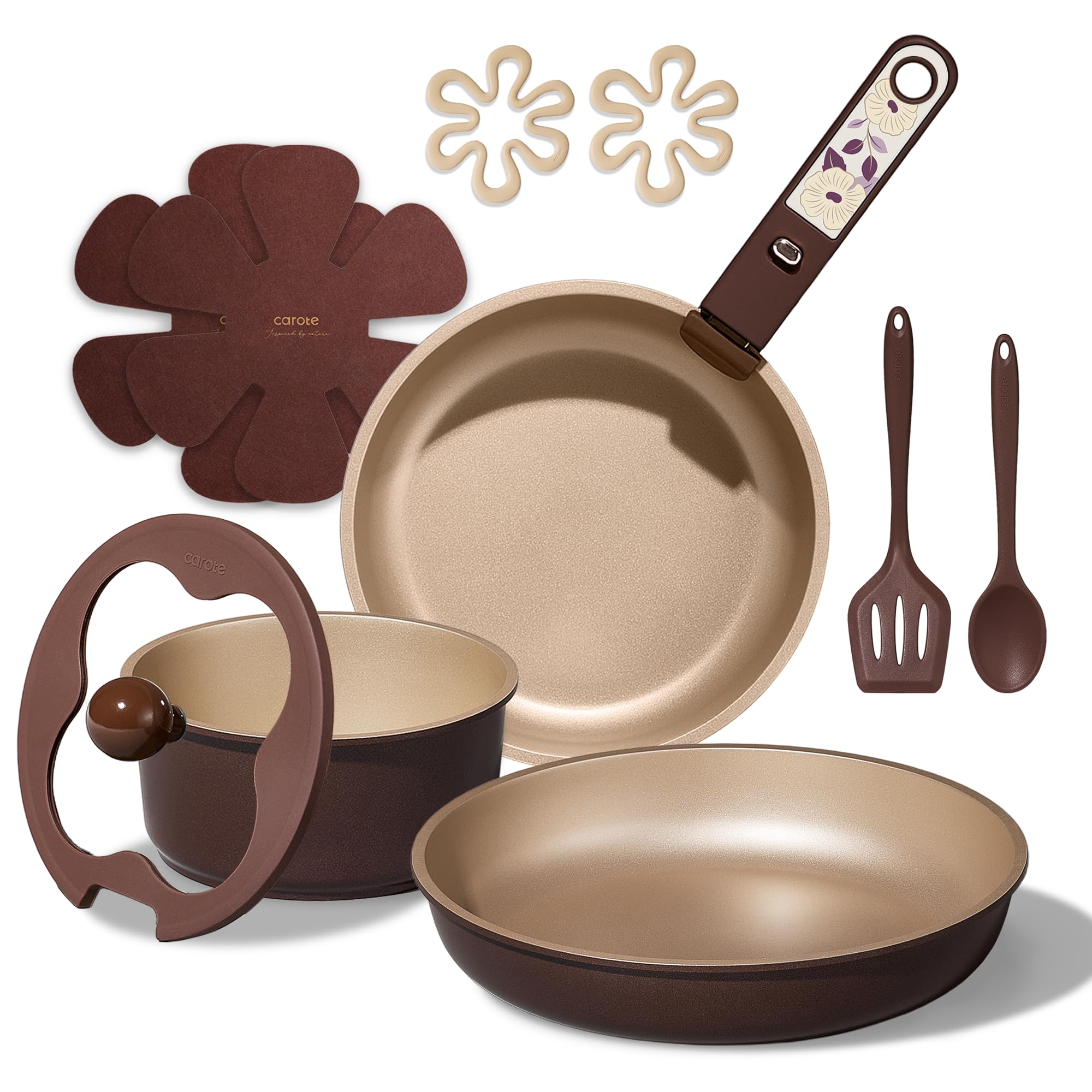 CAROTE 11pcs Ceramic Cookware Set, Pots and Pans Set Non stick, Induction Kitchen Cookware with Removable Handle, RV Dishwasher & Oven Safe, RV/Camping Cookware, PFOA Free, Brown