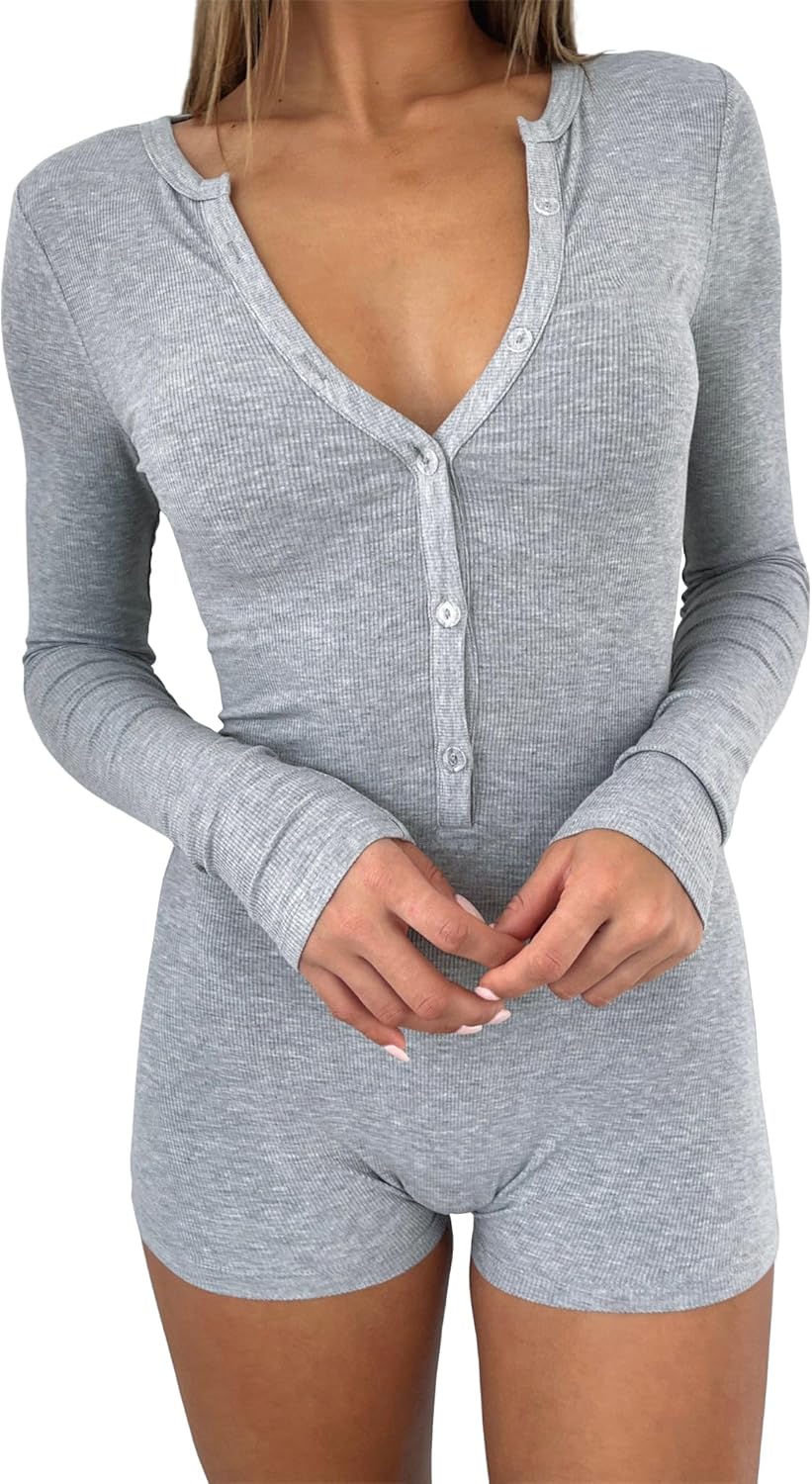 REVETRO Women's 2026 Spring Sexy V Neck Long Sleeve Shorts Romper Y2k One Piece Jumpsuit Bodycon Pajama Set Gym Bodysuit - Image 2