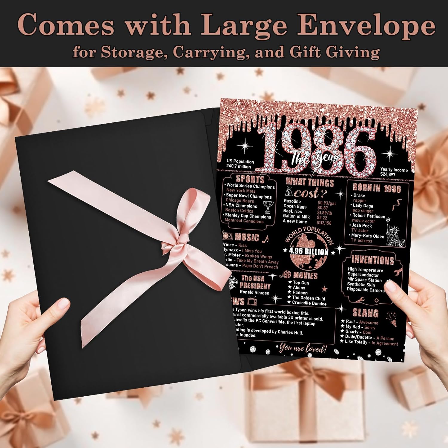 Large 40th Birthday Card for Women with Envelope, Black Rose Gold Extra Big Happy 40th Birthday Guest Signature Book Gift, Jumbo Forty Greeting Card Back in 1985 Decorations Party Supply - Image 3