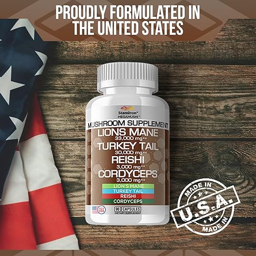 Miniatura 5 de Stamiron Suplemento de melena de leones, cápsulas de hongos de cola de pavo con extracto de Cordyceps y hongos Reishi, gomitas alternativas a
