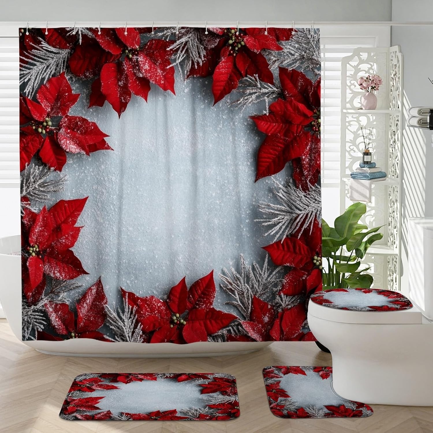 4PCS 3D Christmas Poinsettia Bathroom Sets, Bath with Non-Slip Rug, U Shape Toilet Lid Cover Mat, Winter Fun Xmas Bathroom Decor-72''x72''