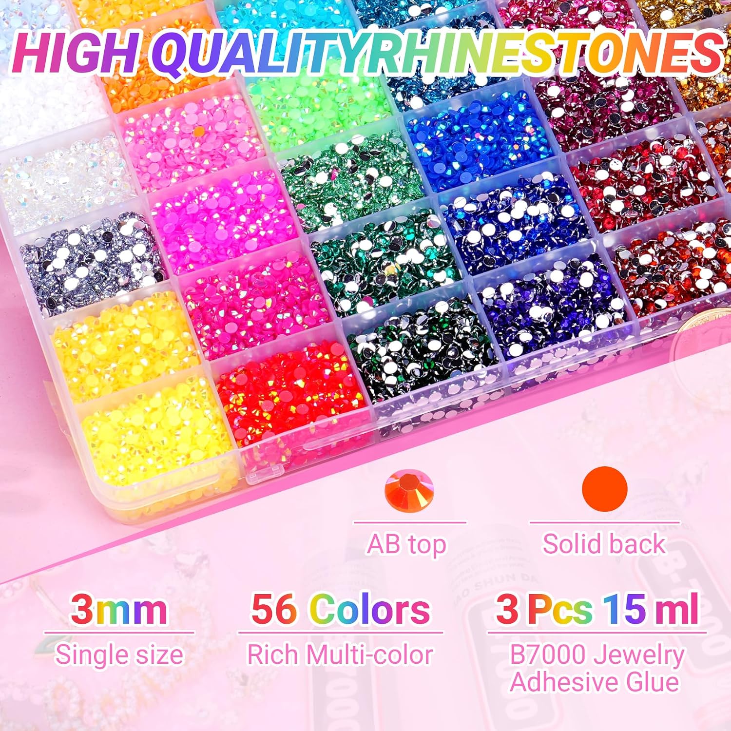 61000Pcs 56 Colors Jelly Rhinestones for Bedazzling, 2 Boxes Resin Multicolor 3mm Flatback Gems for Crafting, Bedazzler Kit with 3Pcs 15ml B7000 Jewelry Glue for Crafts Clothes Book Shoes Nail Art