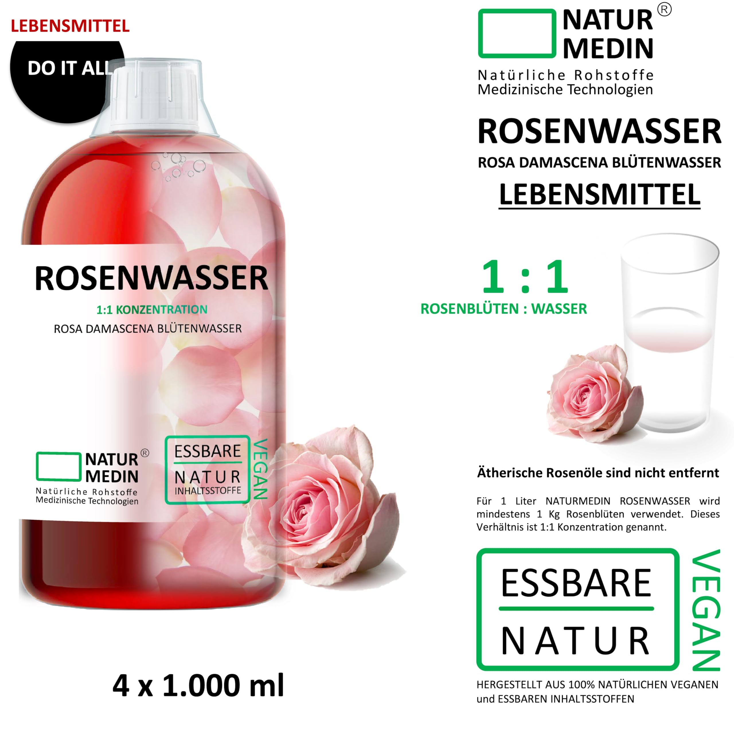 4.000 ml ESSBARES ROSENWASSER – Typ : Do-It-All – (4x1.000ml) NATURMEDIN®