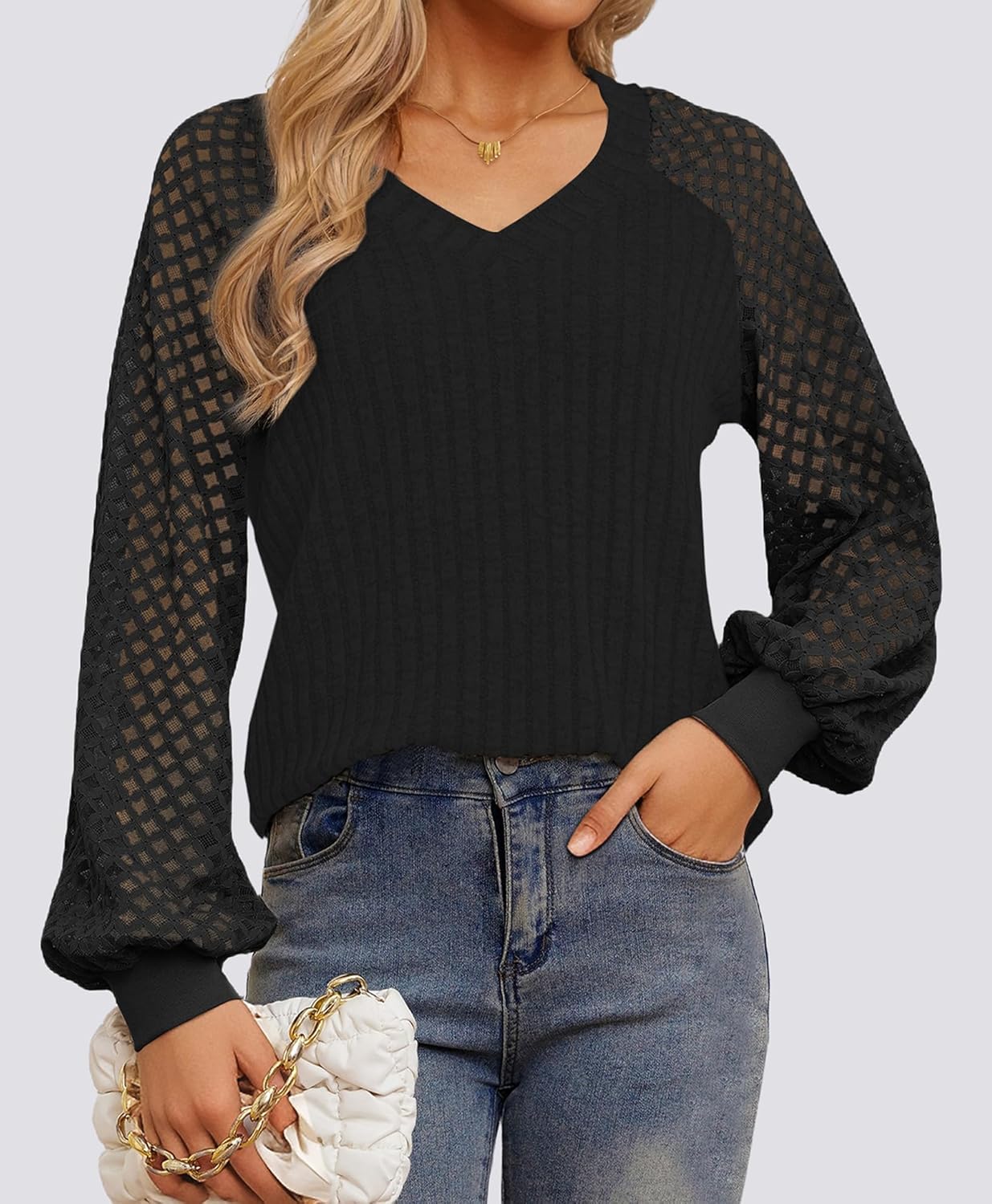 Womens V Neck Sweaters Pullover Casual Spring Fall Tunic Tops Loose Fit Lace Long Sleeve Fashion Shirts 2025 - Image 2