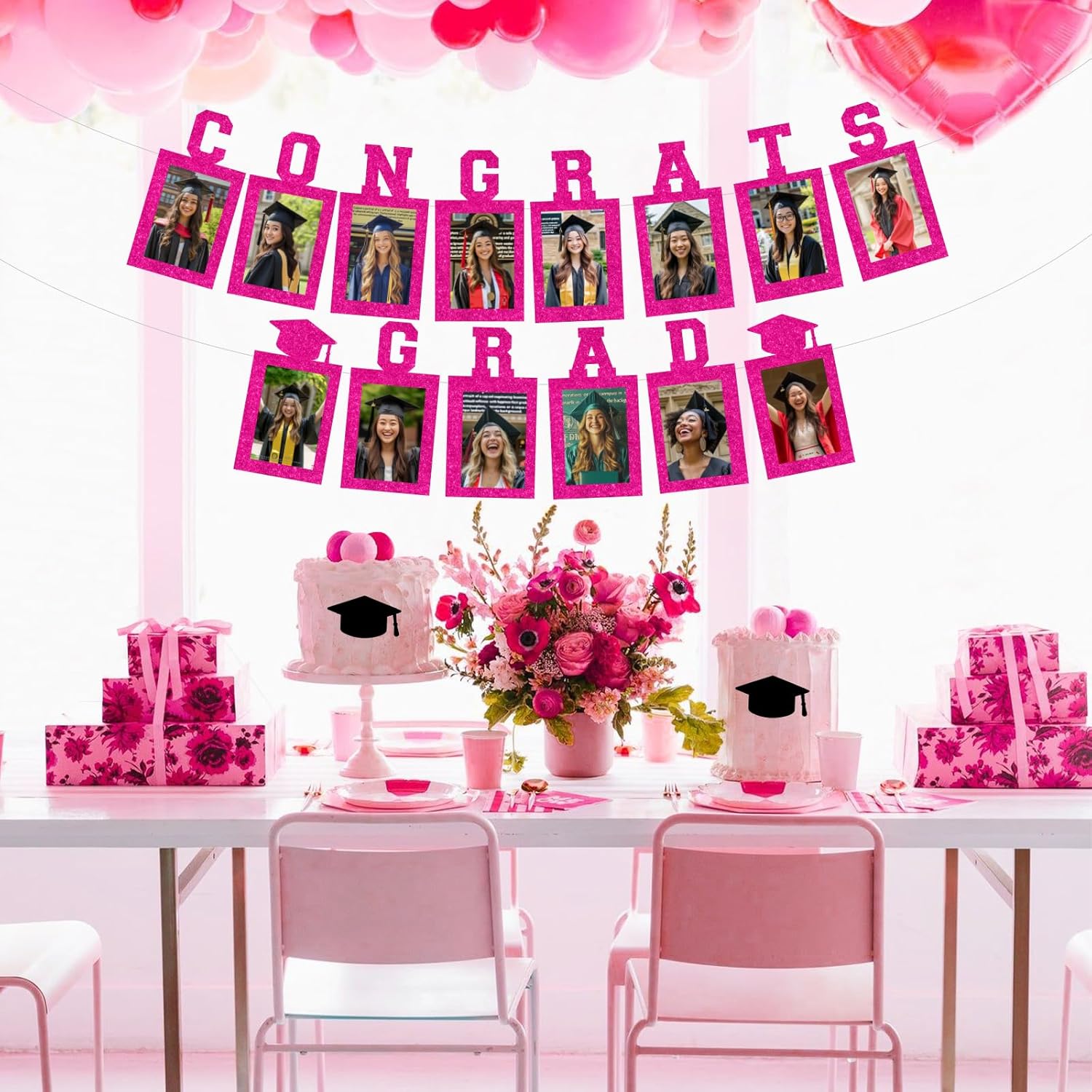 Cheereveal 2026 Congrats Grad Photo Banner Hot Pink, Graduation Photo Photo Prop Decor Party Supplies, Graduation Party Bunting Banner Decorations - Image 2