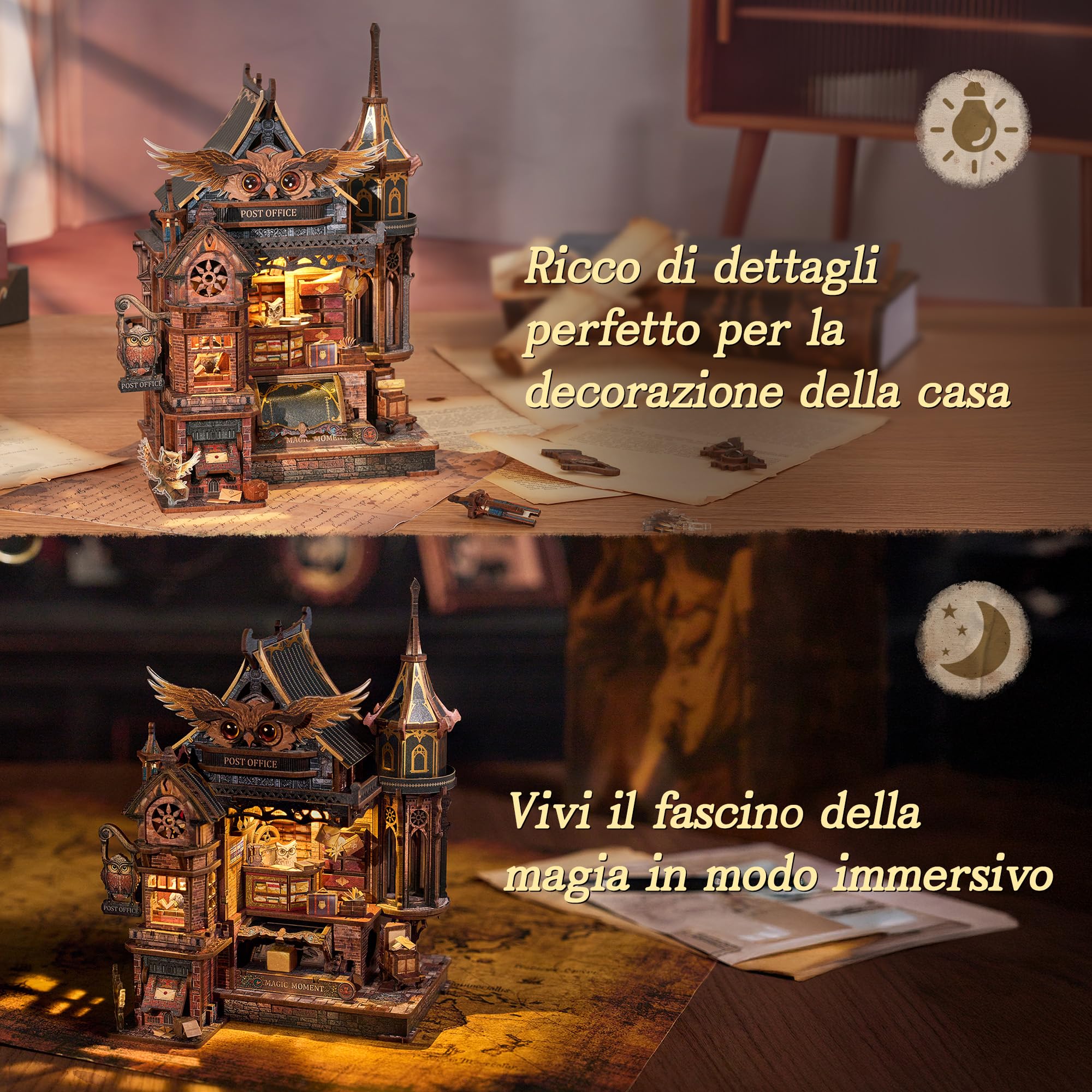 FUNPOLA Puzzle 3D in legno con LED Ufficio Postale del Gufo – Modello dinamico con ingranaggi meccanici, kit miniatura DIY con musica e luci LED, regalo decorativo per adulti e ragazzi
