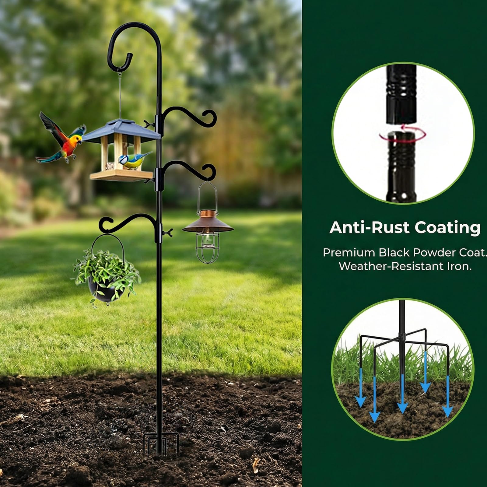 Gancio per pastore, 193 cm, gancio per il pastore da giardino, regolabile con 3 ganci resistenti alla ruggine con 5 basi pronte, set di supporto per mangiatoia per uccelli, robusto supporto per