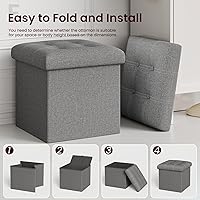 Vista 4 de YOUDENOVA 15 inches Storage Ottoman Cube, Foldable Storage Boxes, Padded Seat for Dorm Living Room, Support 300lbs, Line Fabric Grey