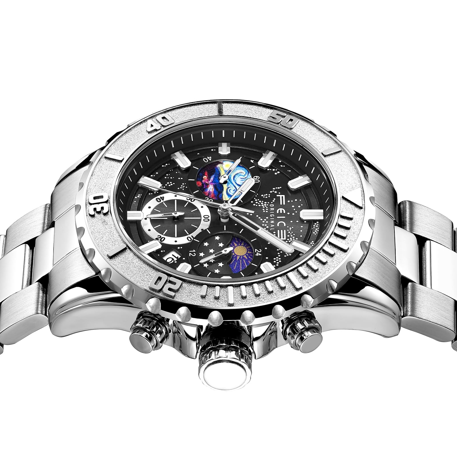 FEICE Orologio al Quarzo da Uomo Quadrante Multiplo 24 Ore Calendario Moda Business Orologio Casual Unico Nero FK131