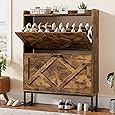 DWVO Farmhouse Shoe Cabinet Bench with 2 Flip Drawers for Entryway Living Room, Hallway for Shoe Organization 16 Pairs for Narrow Spaces(Dark Rustic Oak)