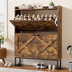 DWVO Farmhouse Shoe Cabinet Bench with 2 Flip Drawers for Entryway Living Room, Hallway for Shoe Organization 16 Pairs for Narrow Spaces(Dark Rustic Oak)