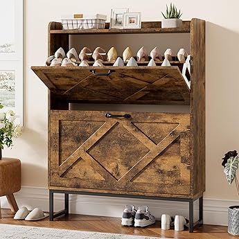 DWVO Farmhouse Shoe Cabinet Bench with 2 Flip Drawers for Entryway Living Room, Hallway for Shoe Organization 16 Pairs for Narrow Spaces(Dark Rustic Oak)