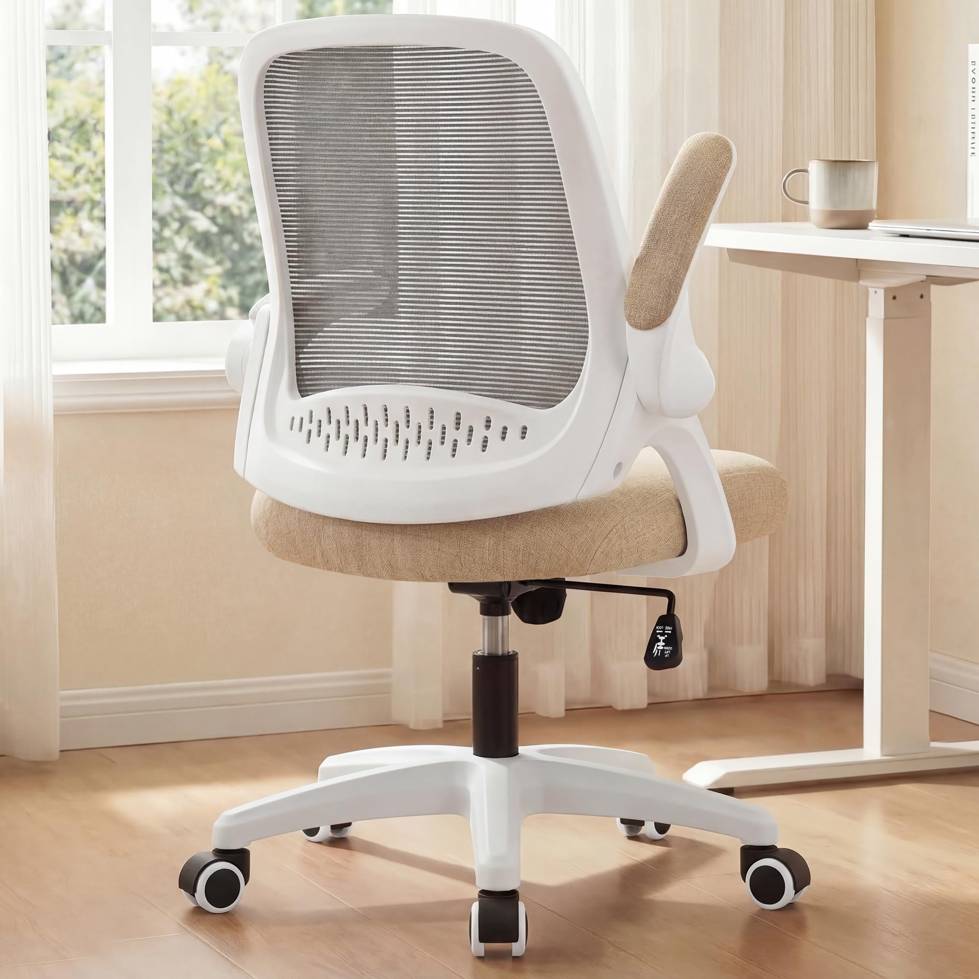 NEO CHAIR Office Desk Computer Gaming Ergonomic Chair with Lumbar Back Support Adjustable Height Swivel Wheels Flip-up Arms Mesh Chair for Home or Office (Beige)