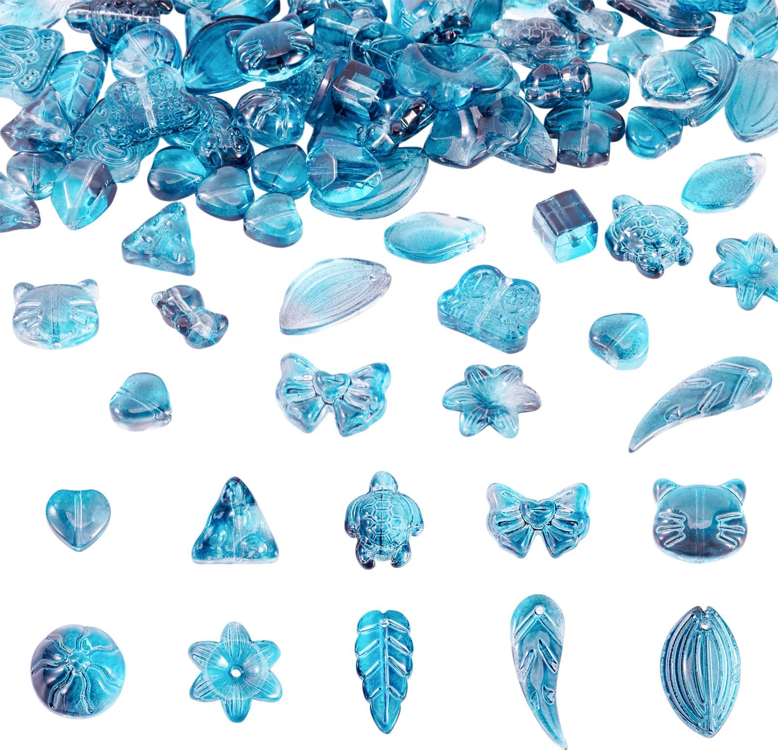 64Pcs Transparent Crystal Glass Beads Leaf Flower Heart Bow Gradient Color Loose Spacer Beads for DIY Friendship Bracelet Necklace Jewelry Craft Making Keychain Wristlet Lanyard Decor, Dark Turquoise