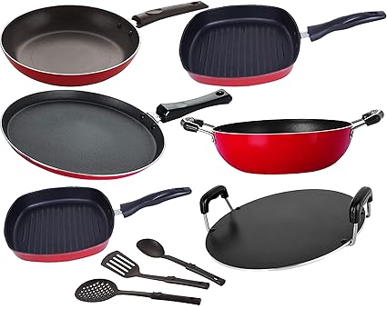 Nirlon Non-Stick Gas Compatible Lightweight Cookware Set for Kitchen Cooking, 9 Piece,Red [FT13_KD12_GP22.5_GP24_RT_TP24_3SPN]